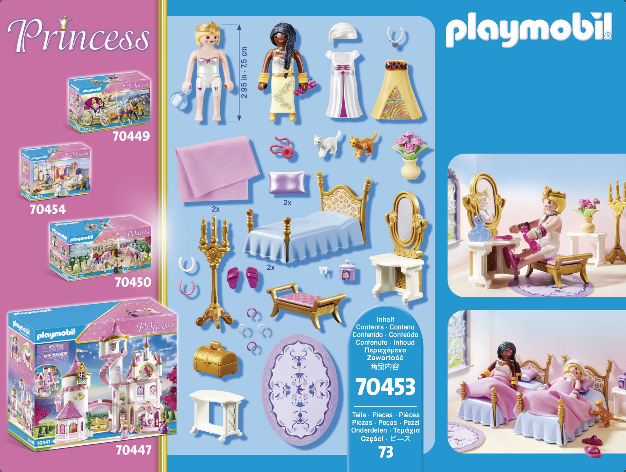 Zestaw Playmobil Księżniczka z różnymi figurkami, meblami i akcesoriami na niebieskim tle.