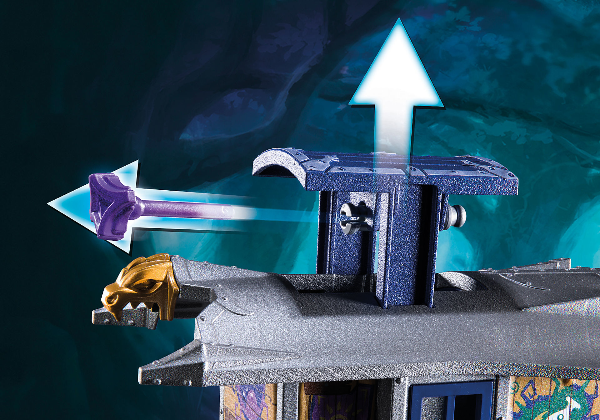 Sekcja zabawkowego pociągu ze złotą głową smoka, fioletową strzałką i białą strzałką skierowaną w górę. Tło jest turkusowe.