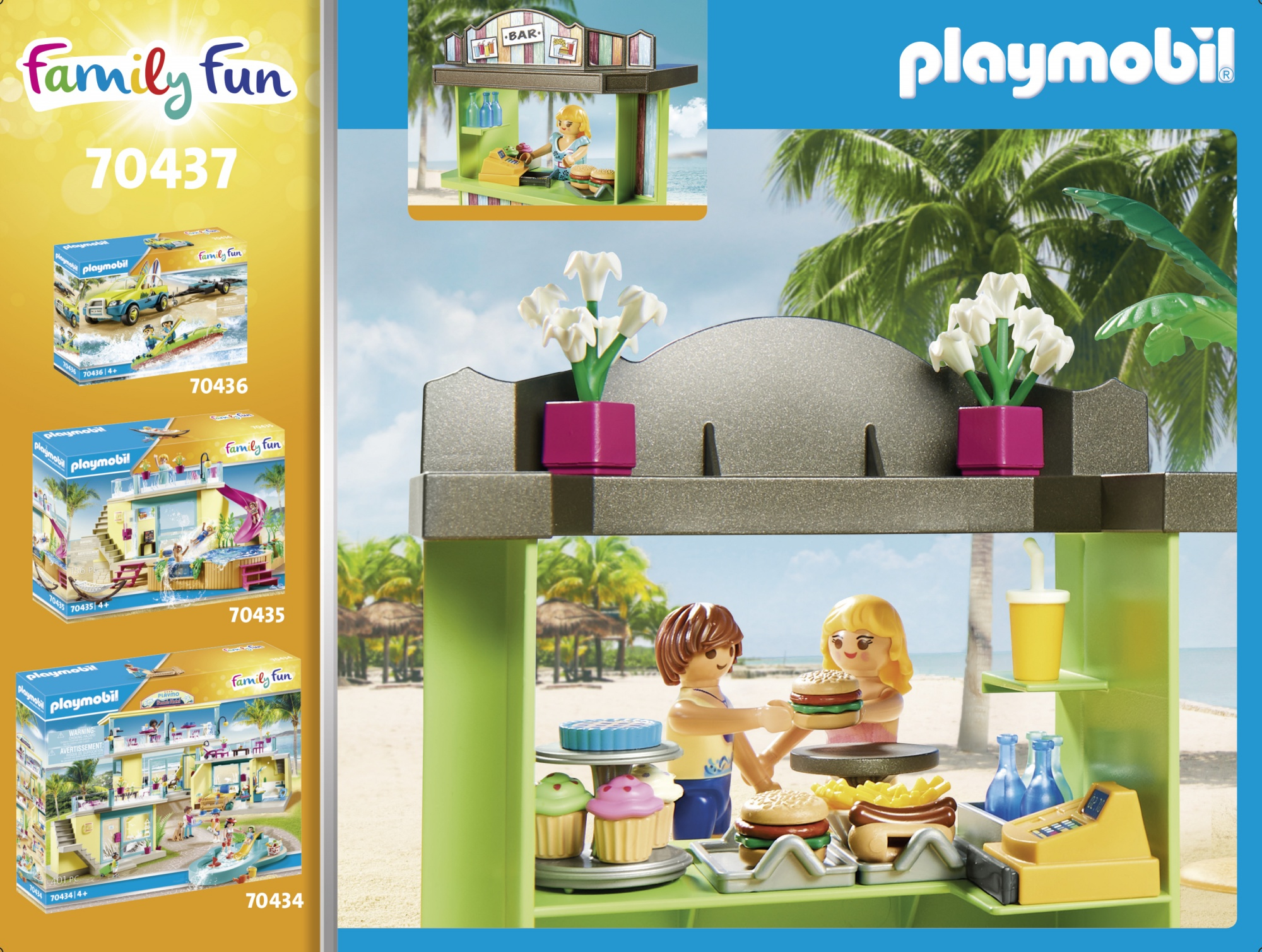 Bar na plaży Playmobil z figurkami, burgerami, frytkami i kwiatami. Palmy i ocean w tle.