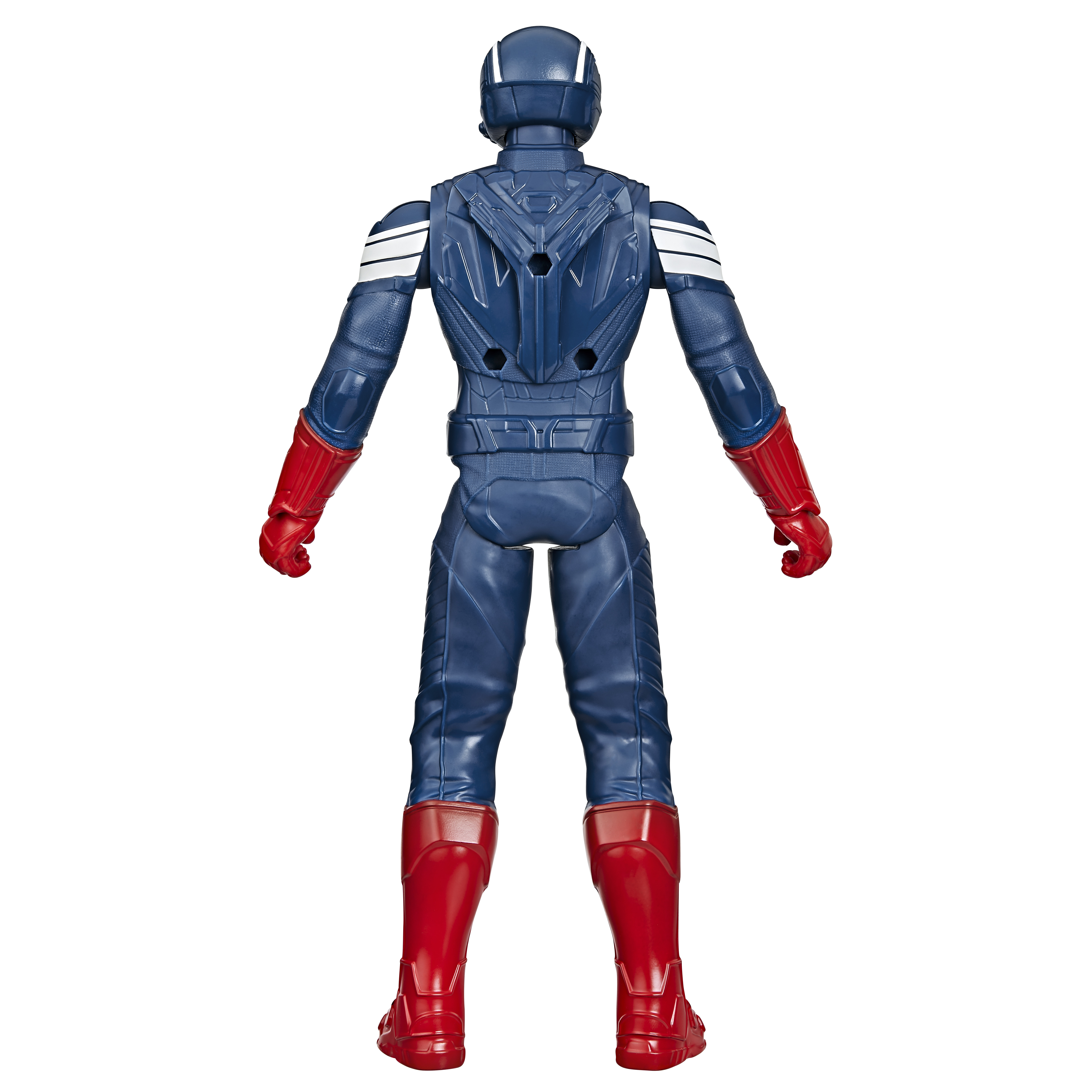 Una figura de acción del Capitán América se ve desde atrás. Tiene un traje azul, botas y guantes rojos, y una franja blanca en el casco.
