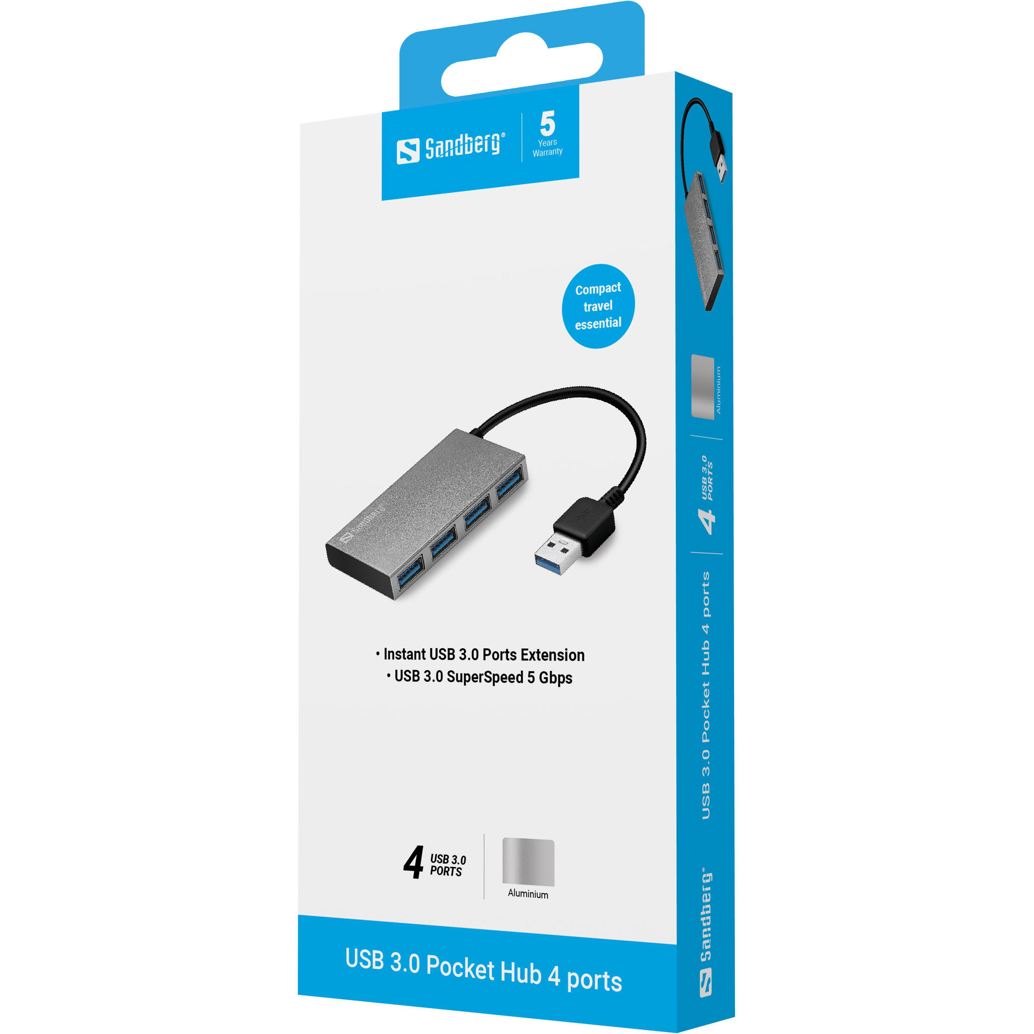 Verpackter Sandberg USB 3.0 Pocket Hub. Silberner Hub mit schwarzem Kabel und USB-Anschluss. Enthält Produktinfo und Logo.