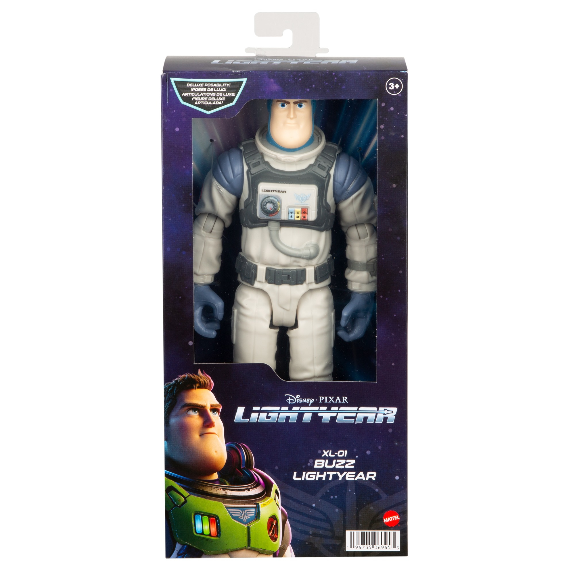 Figurka Buzz Lightyear w pudełku. Ma biały kombinezon kosmiczny, niebieskie rękawice i hełm. Na pudełku napis Lightyear.