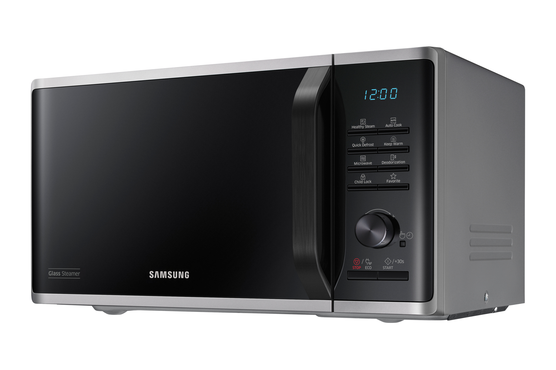 Ein Samsung-Mikrowellenherd mit schwarzer Front, grauen Seiten und einer Digitaluhr mit der Anzeige 12:00. Bedienfeld mit Knöpfen und einem Drehregler.