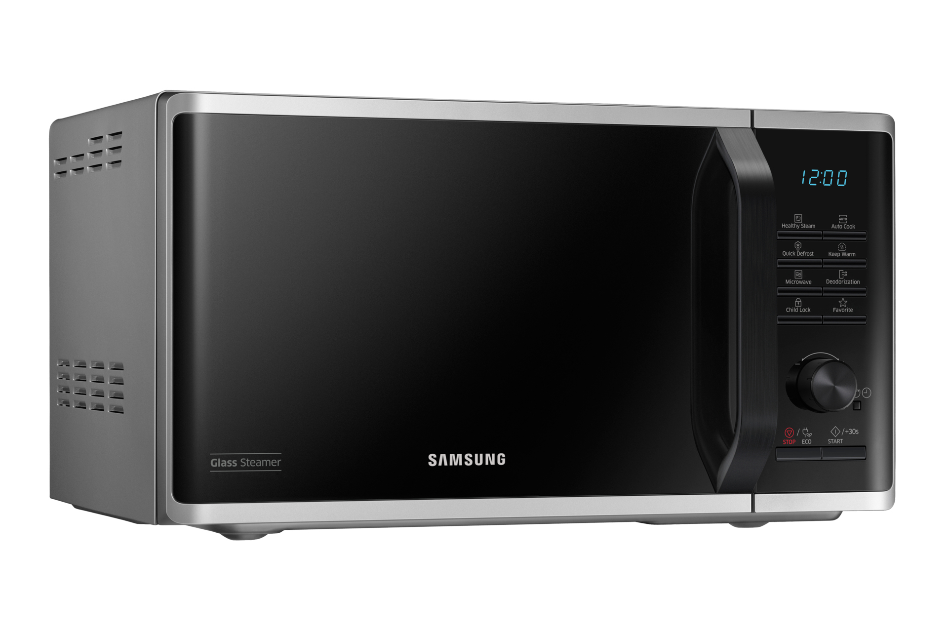 Ein Samsung-Mikrowellenherd mit schwarzer Tür und silberner Verkleidung. Er hat eine Digitaluhr und ein Bedienfeld.