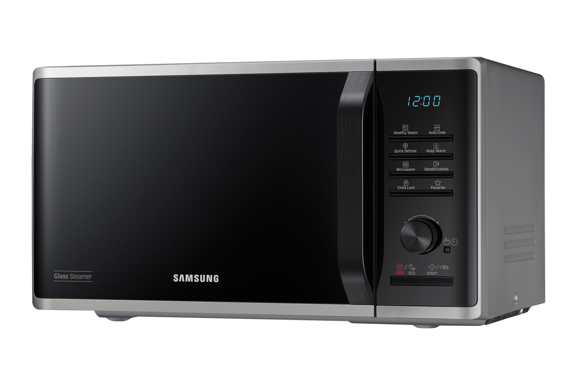 Ein Samsung Mikrowellenherd mit schwarzer Tür und Bedienfeld. Er hat eine Digitaluhr und verschiedene Kochoptionen.