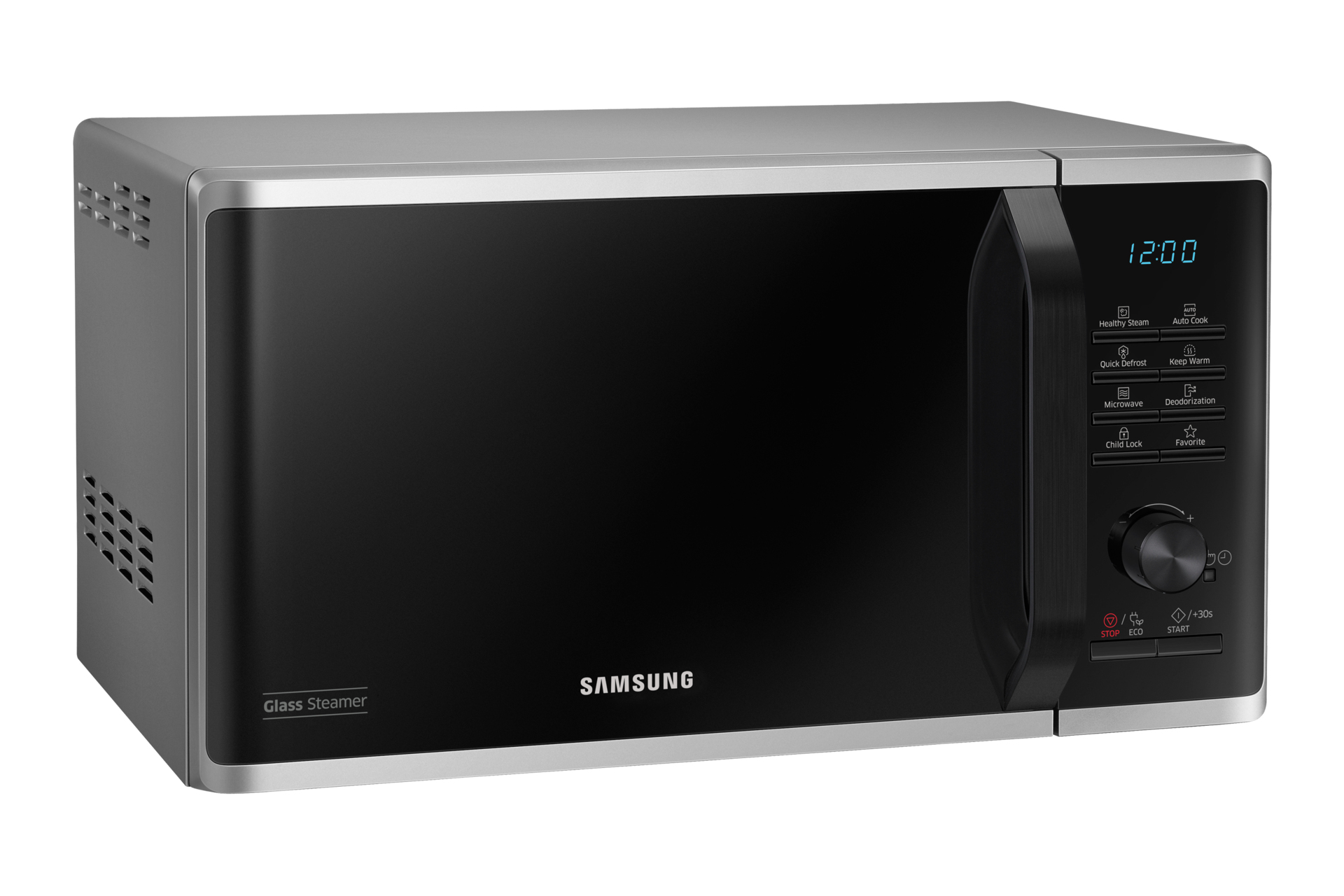 Ein Samsung-Mikrowellenherd mit schwarzer Tür und Bedienfeld. Die Uhrzeit wird als 12:00 angezeigt. Hat Tasten für verschiedene Kochfunktionen.