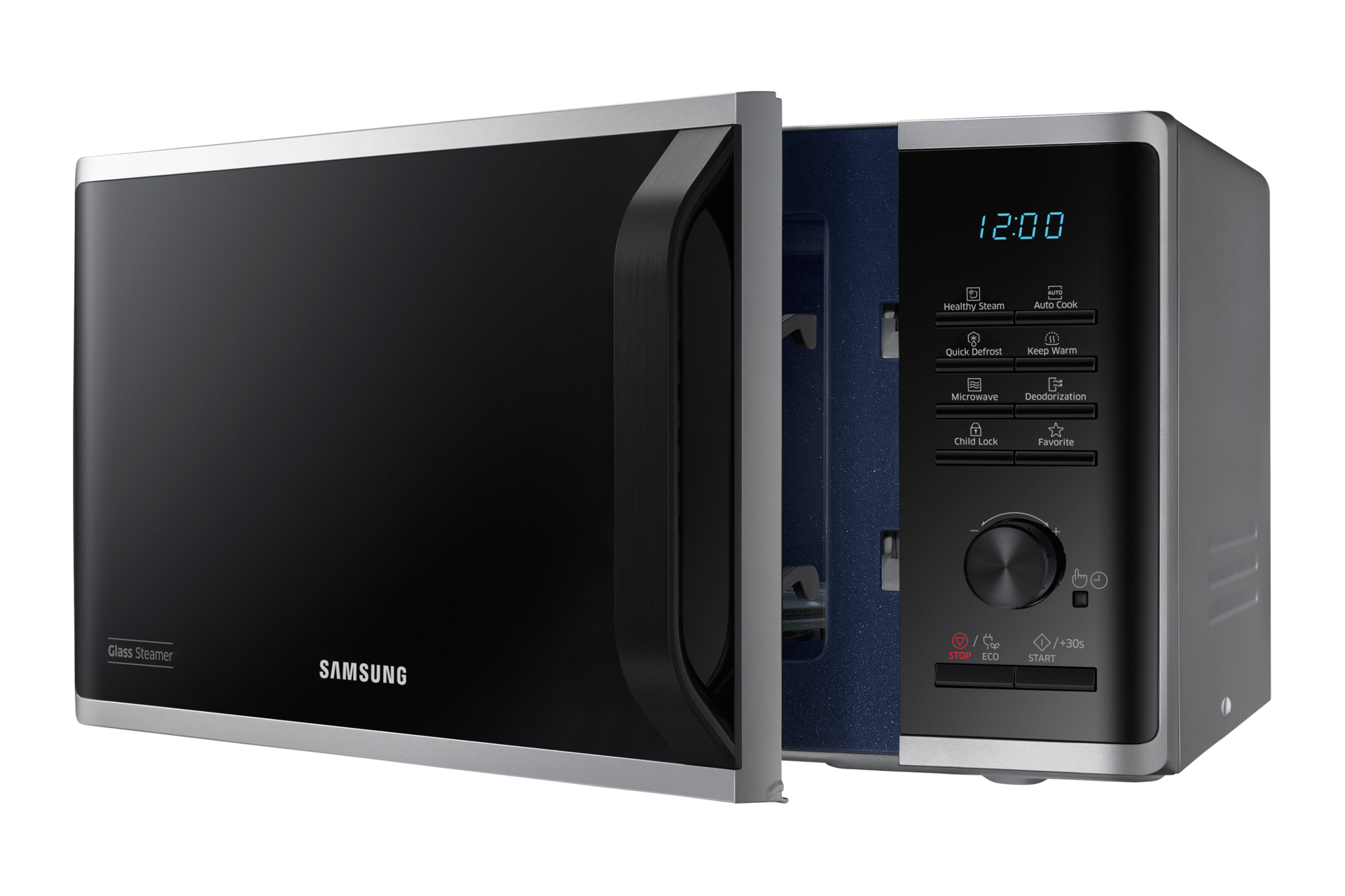 Eine Samsung-Mikrowelle mit offener Tür, die einen schwarzen Innenraum zeigt. Das Bedienfeld befindet sich rechts.