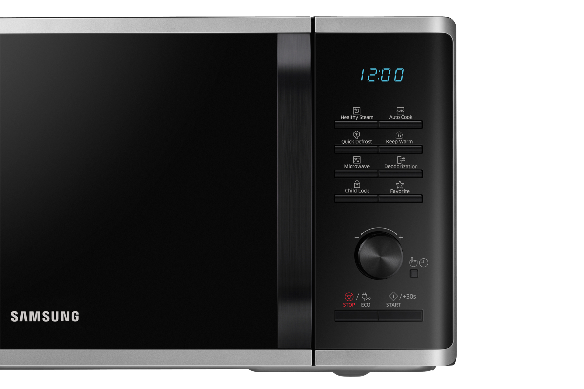Ein Samsung-Mikrowellenherd mit schwarzer Frontplatte. Er hat eine Digitaluhr und verschiedene Funktionstasten.