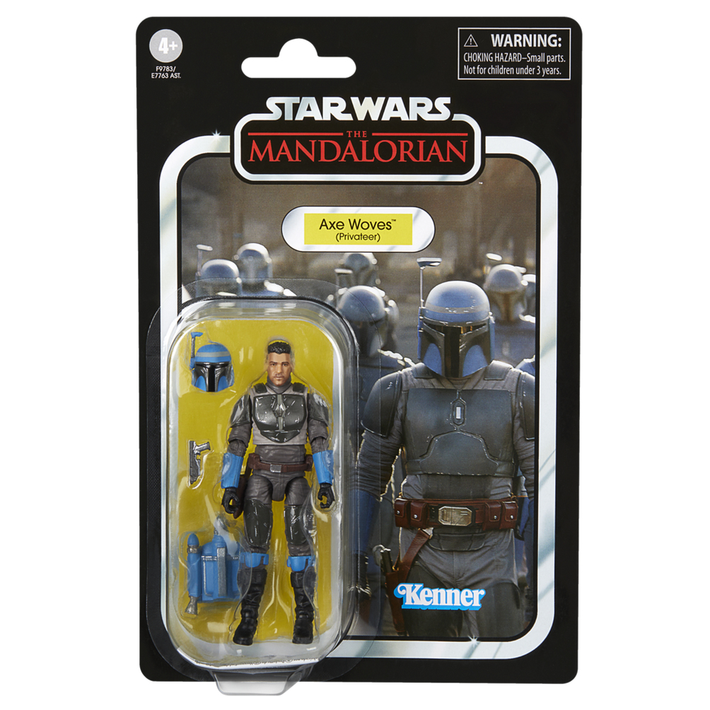 Plastik ambalajda bir Star Wars Mandalorian aksiyon figürü, Axe Woves. Arka plan benzer figürleri gösteriyor.