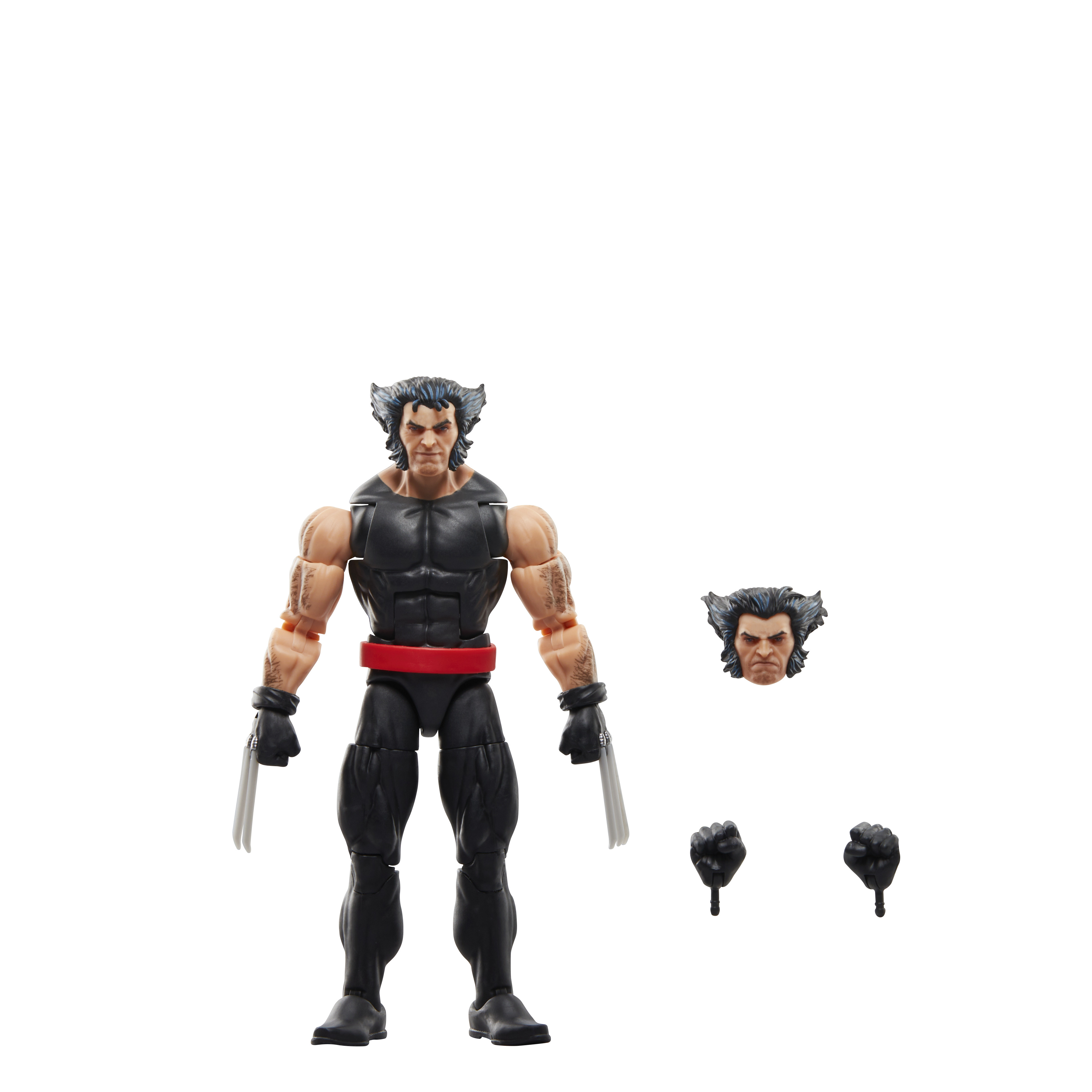 Action figure di Wolverine con artigli, testa e pugni extra. Costume nero e rosso. Sfondo bianco.