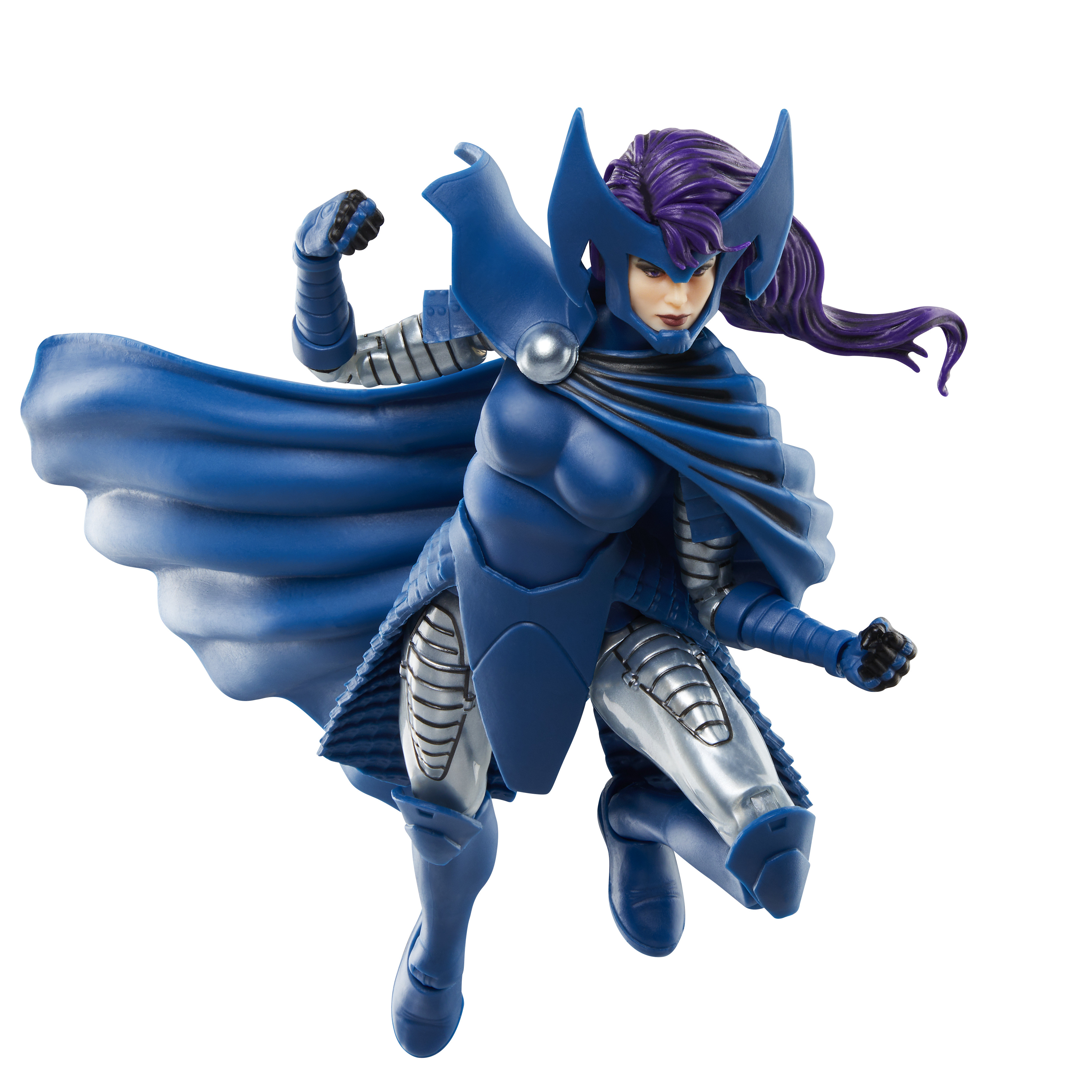 Una statuina di supereroina blu e argento in posa dinamica. Ha i capelli viola e si trova su sfondo bianco.