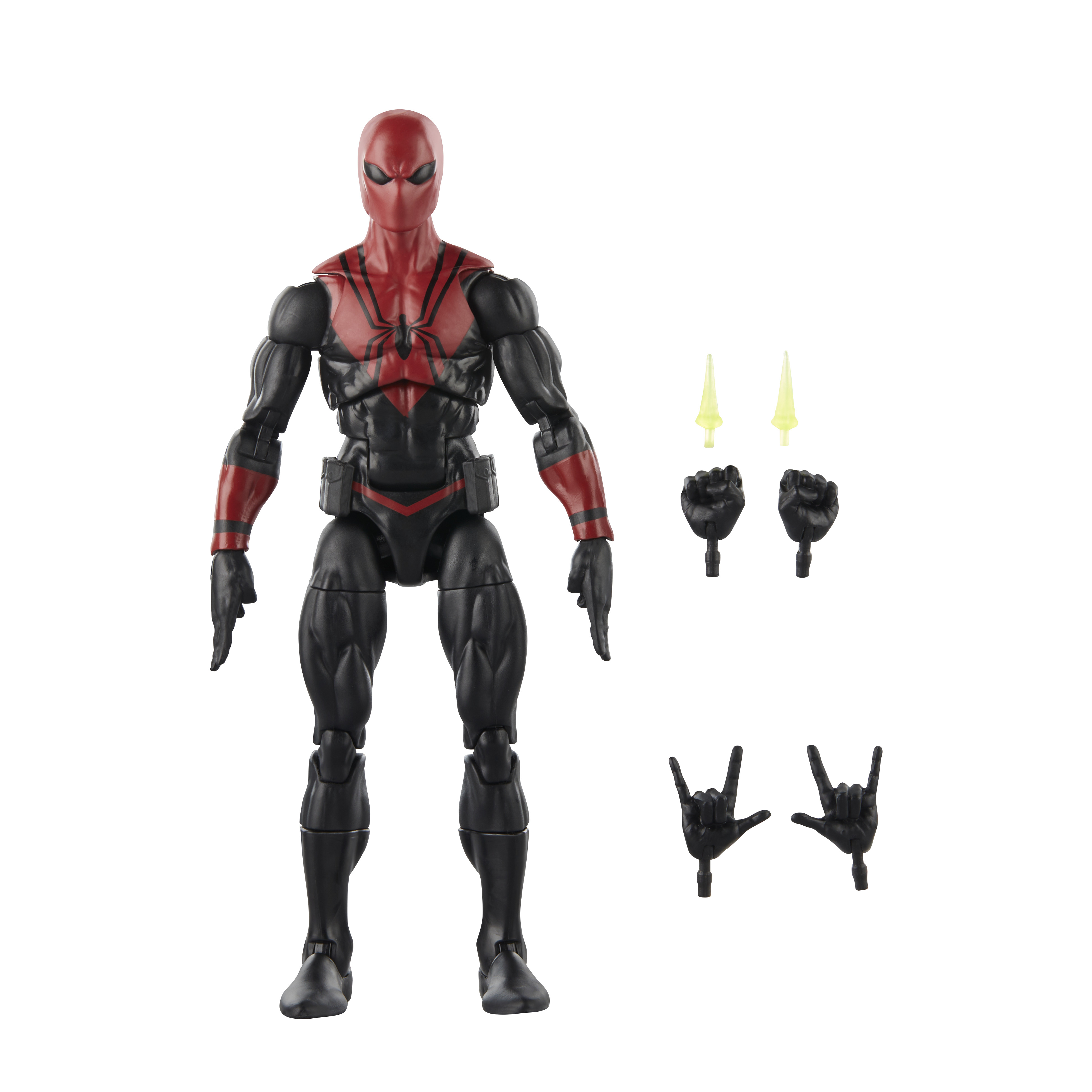 Action figure di un supereroe in nero e rosso. Include mani extra ed esplosioni di energia. Sfondo bianco.