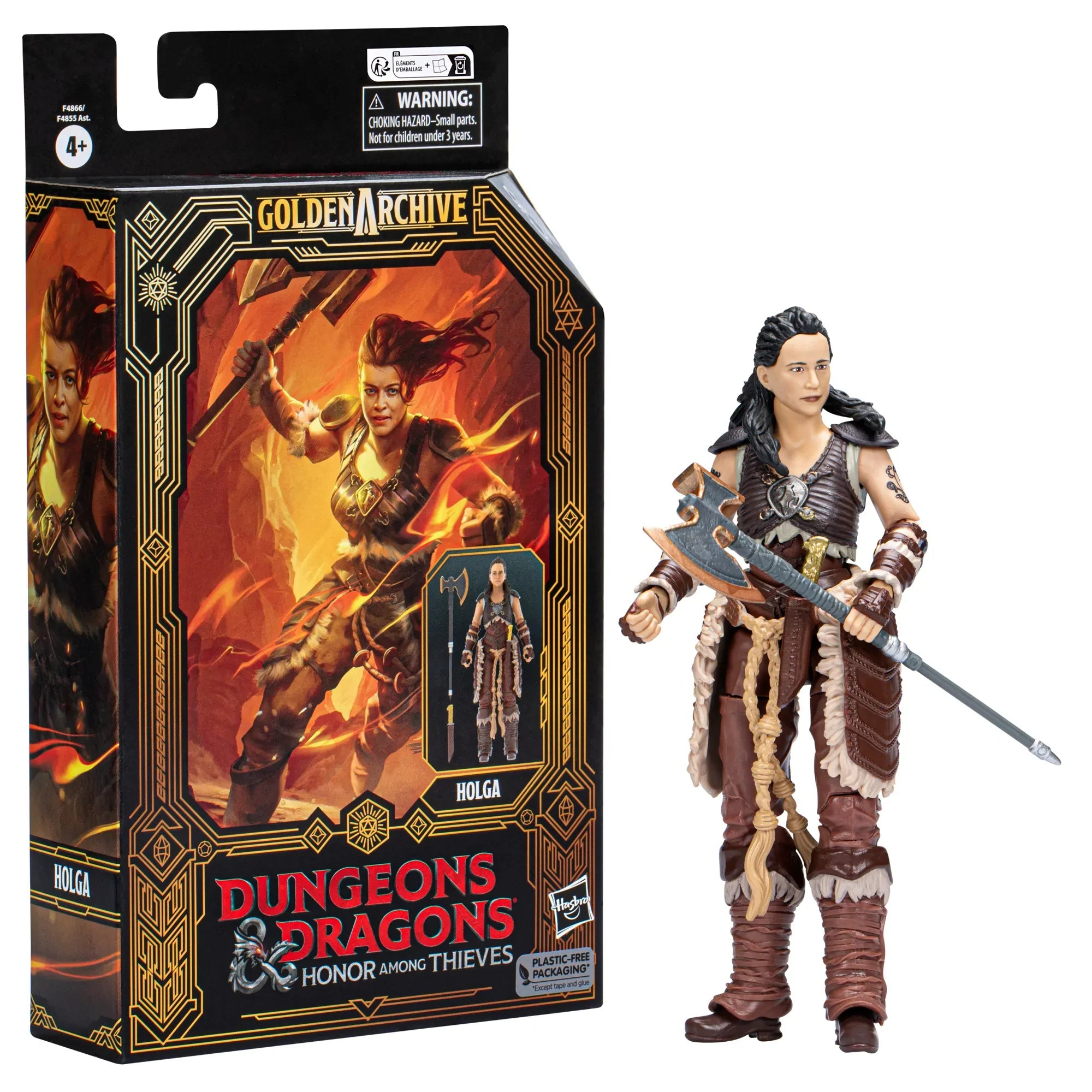 Una action figure di Holga di Dungeons & Dragons, con un'ascia e una scatola. La scatola ha il logo Golden Archive.