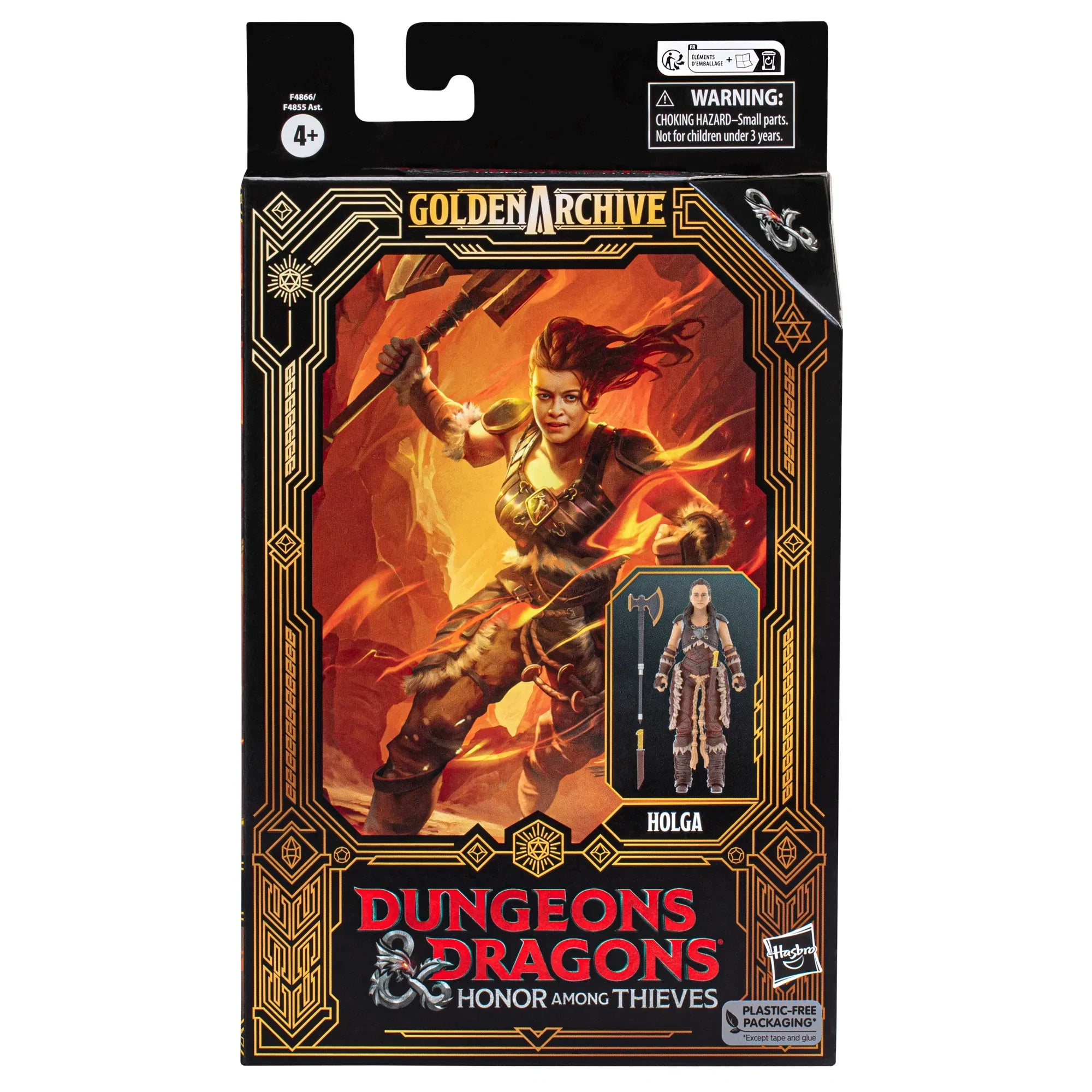 Illustrazione della confezione per la action figure di Dungeons & Dragons. Mostra Holga con un'ascia. La scatola è nera con elementi dorati.