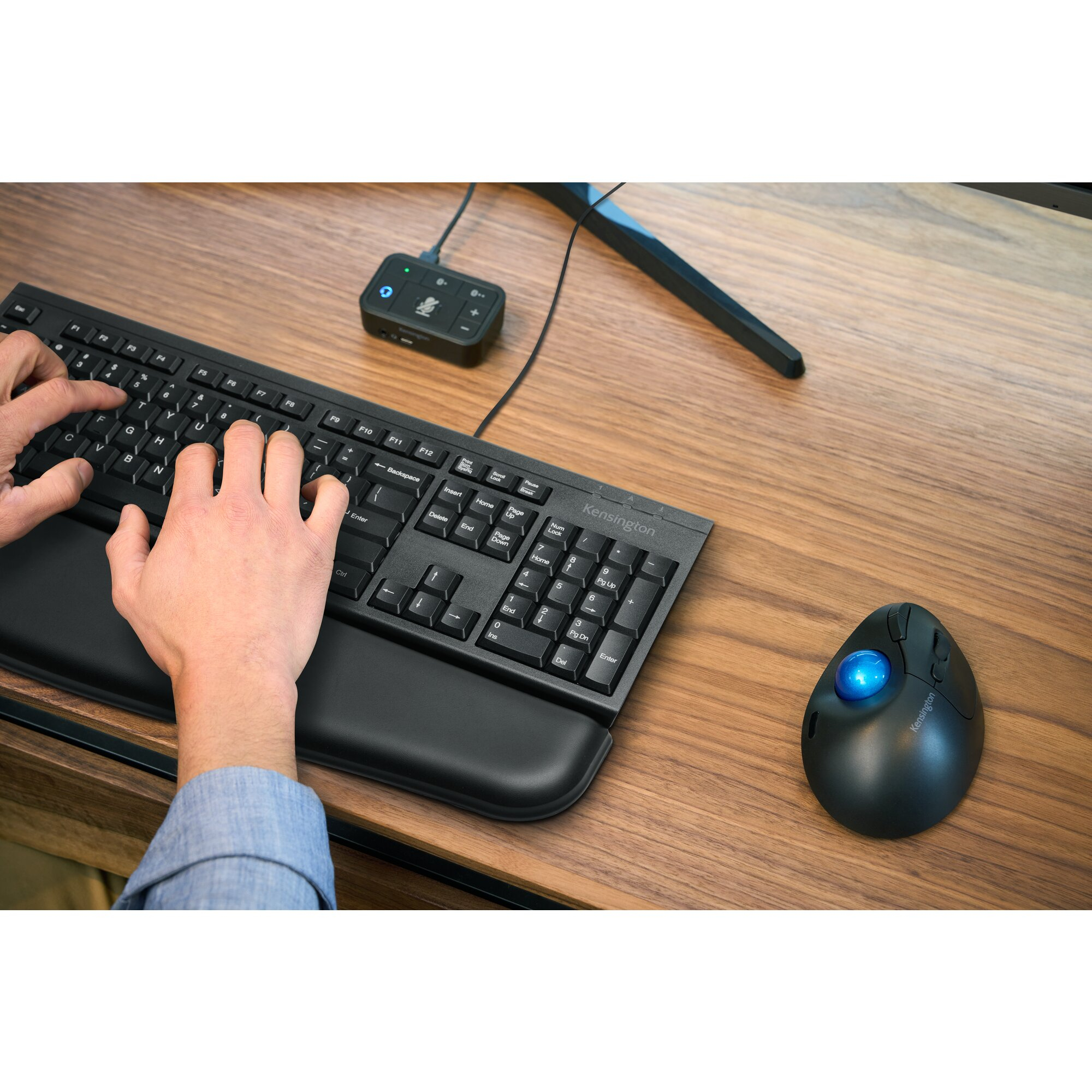 Hände tippen auf einer schwarzen Tastatur mit Handballenauflage, eine Trackball-Maus mit blauem Ball und ein Bedienfeld.