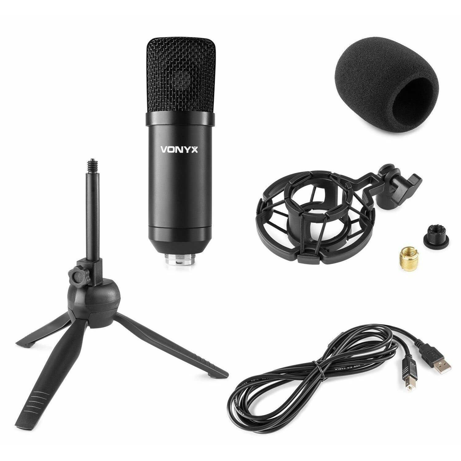 Een zwarte Vonyx microfoonset. Inclusief microfoon, popfilter, shockmount, statief, kabel en kleine connectoren. Geïsoleerd op wit.