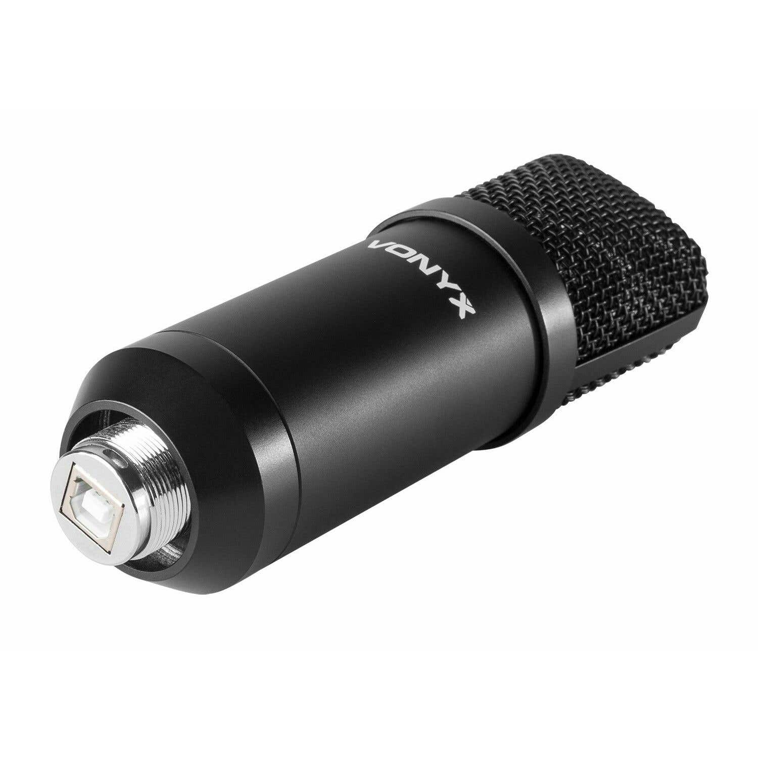 Een zwarte Vonyx-microfoon met een mesh-kop en een USB-poort. De microfoon staat op een witte achtergrond.
