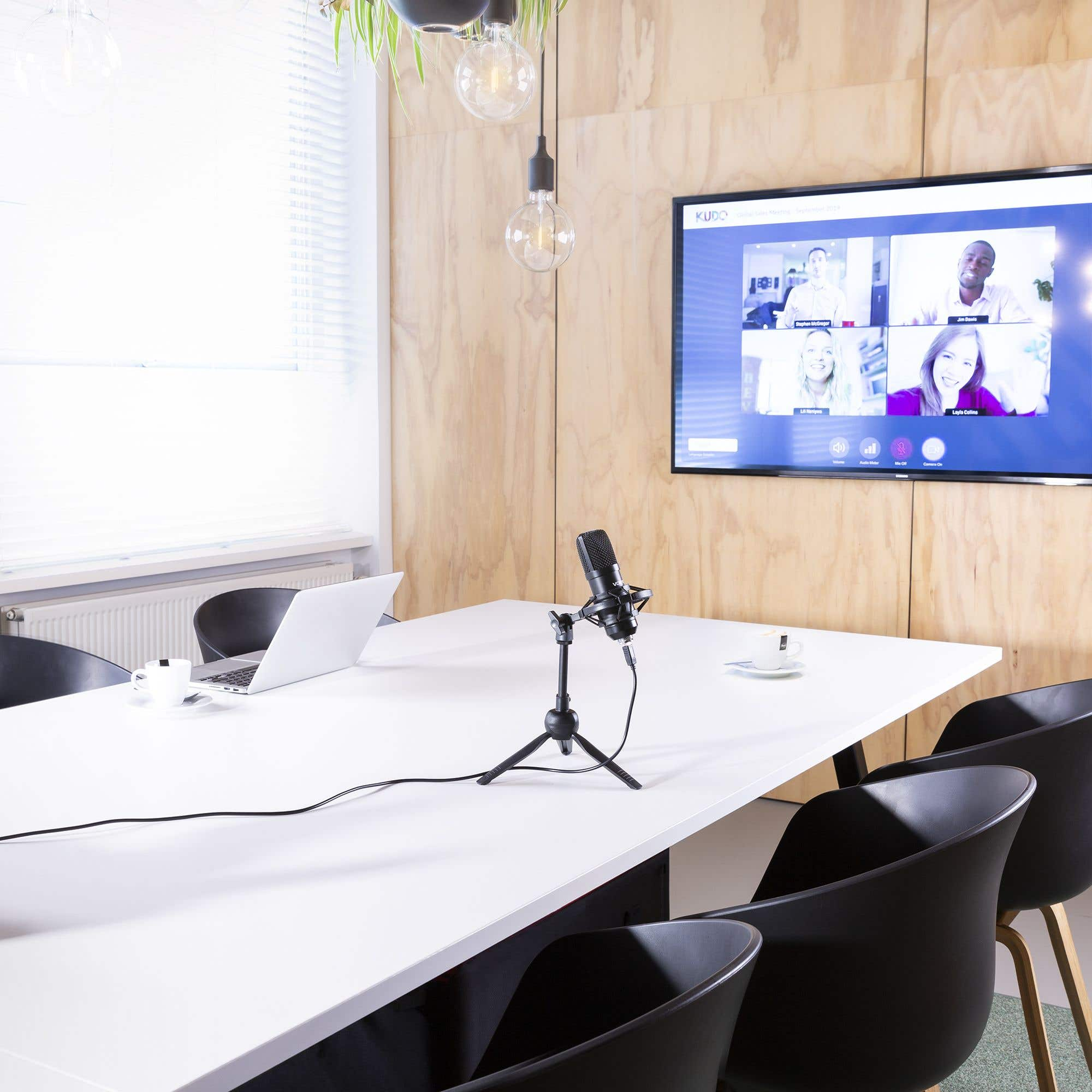 Conferentieruimte met tafel, stoelen, laptop, microfoon en een scherm met een videogesprek.