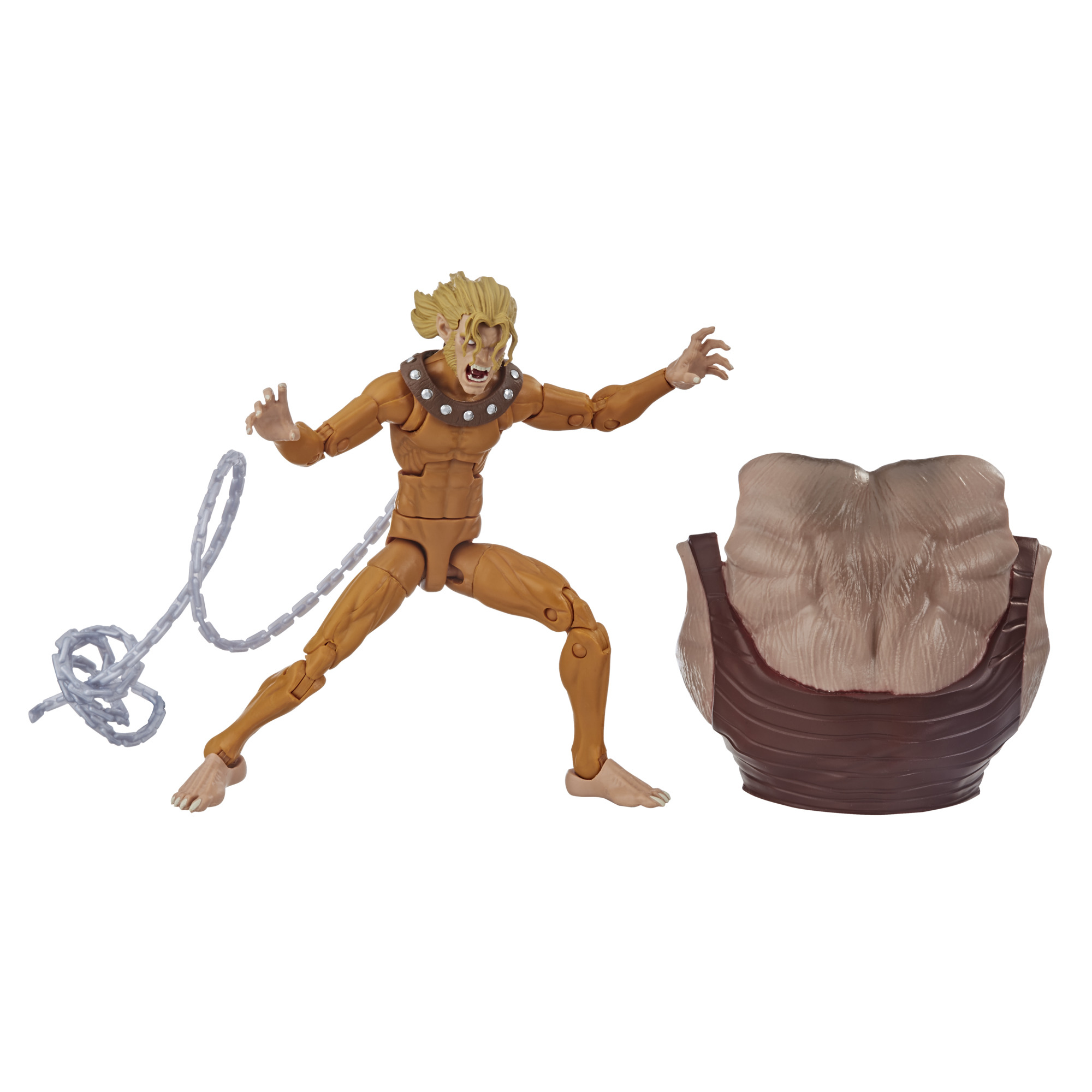 Action figure di un umanoide dai capelli gialli, che tiene una catena, con un pezzo di torso staccato. Sfondo bianco.