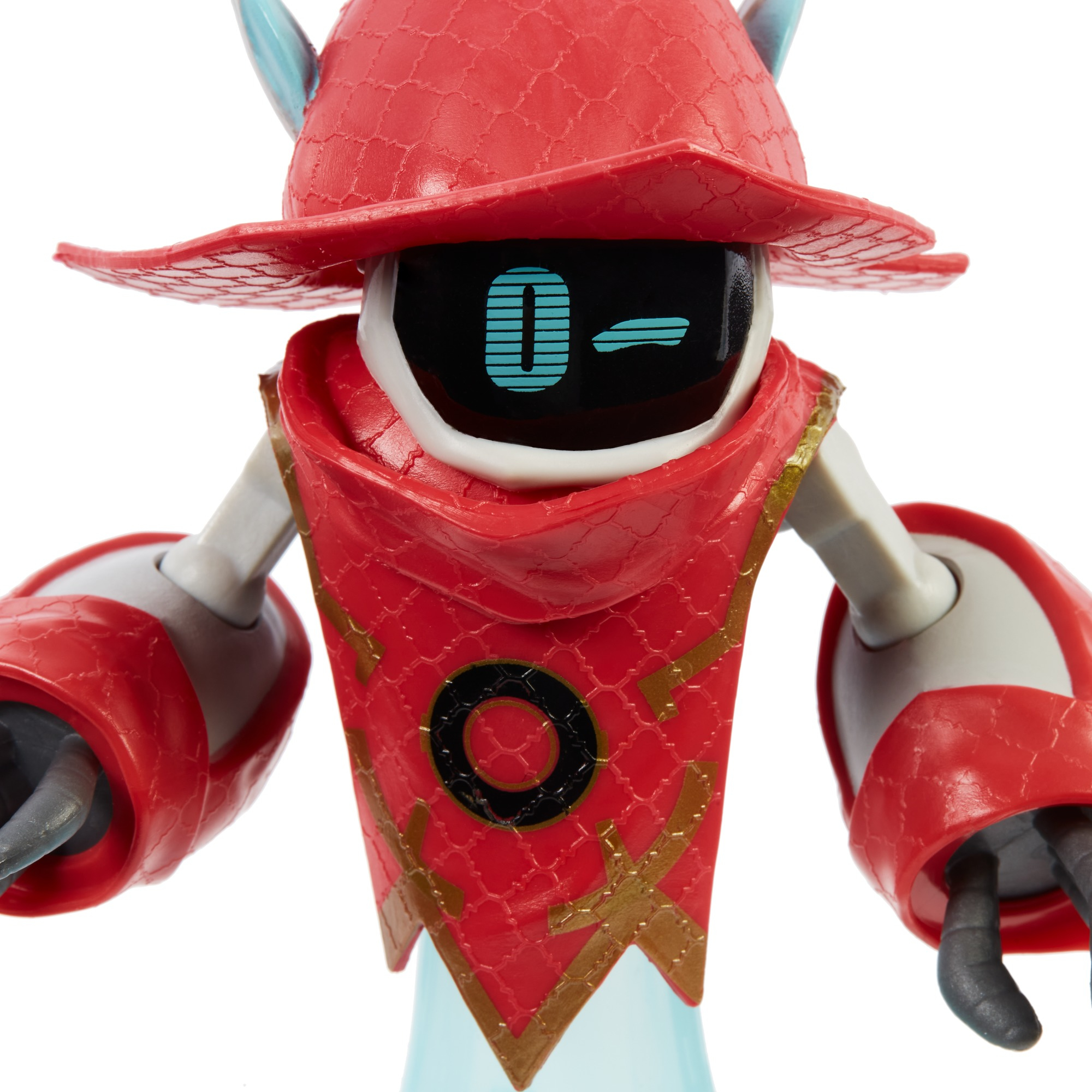 Juguete robot con sombrero y bufanda rojos, cara negra con números azules. Brazos y manos grises y rojos. Cuerpo azul translúcido.