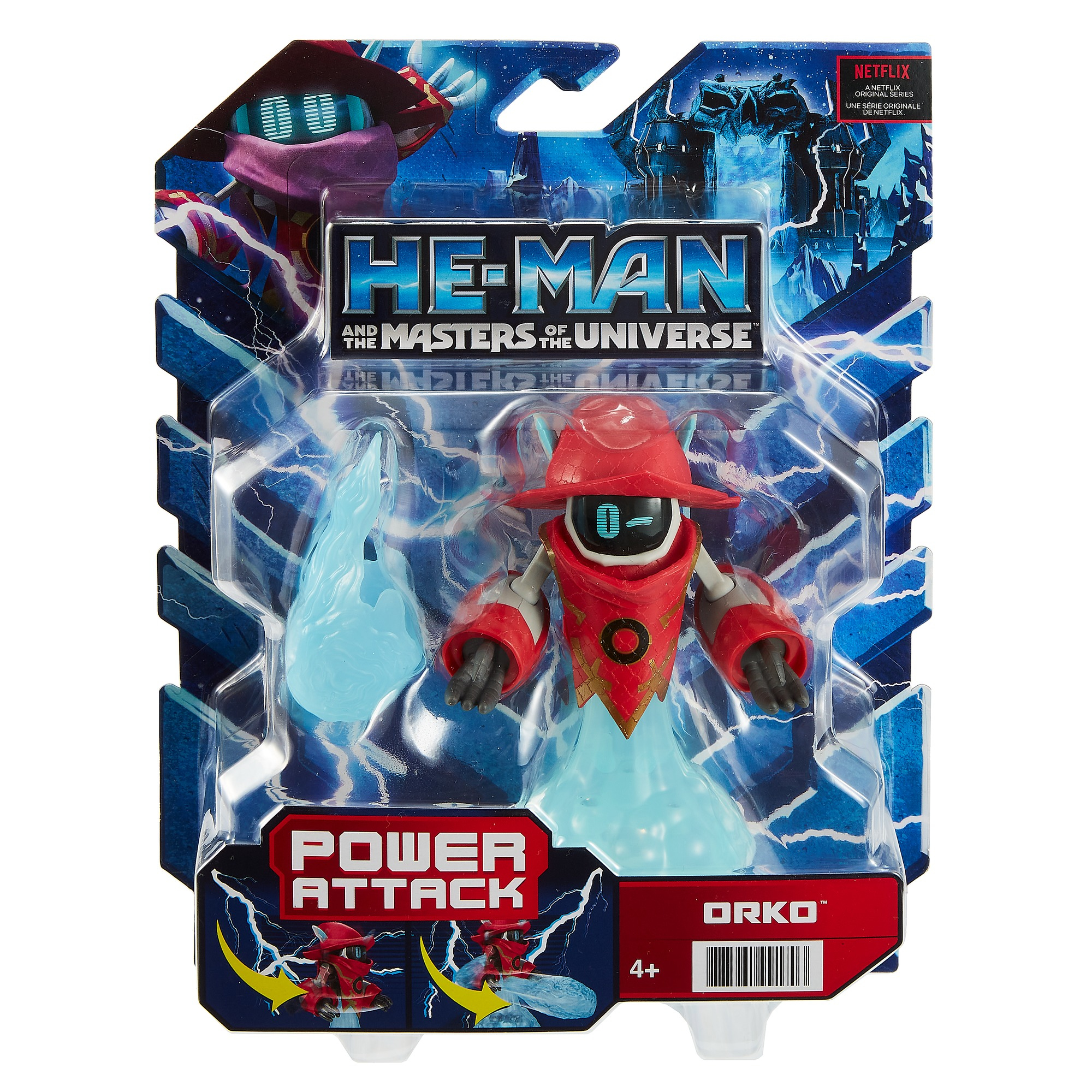 Un juguete de He-Man en un paquete. La figura es Orko, rojo, con una llama azul. El paquete tiene la marca He-Man y el logotipo de Netflix.