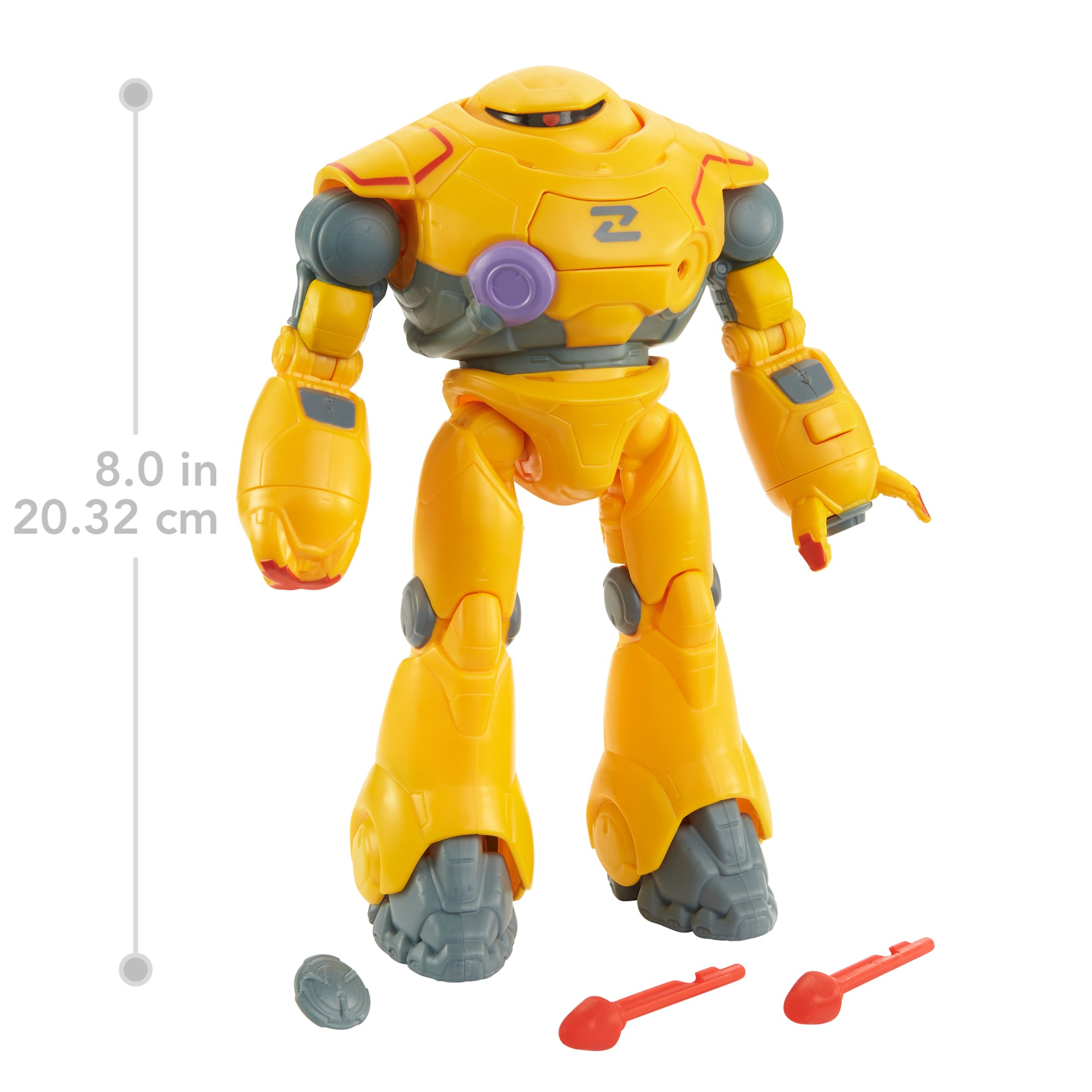 Giocattolo robot giallo con dettagli grigi e proiettili rossi su sfondo bianco. Misura 8 pollici di altezza.