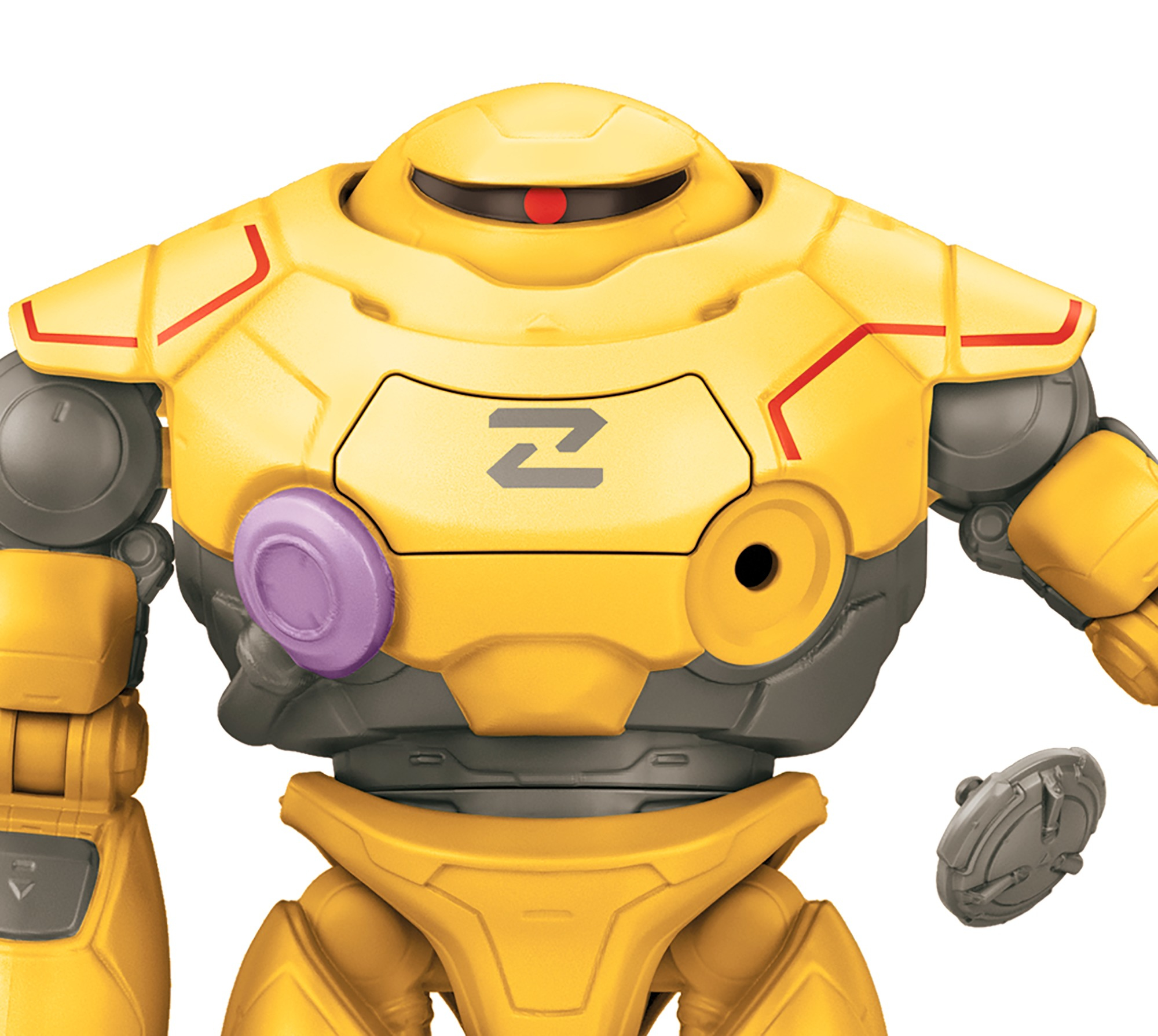 Un giocattolo robot giallo con dettagli grigi e rossi. Ha una testa rotonda con un punto rosso. Un cerchio viola sul petto.