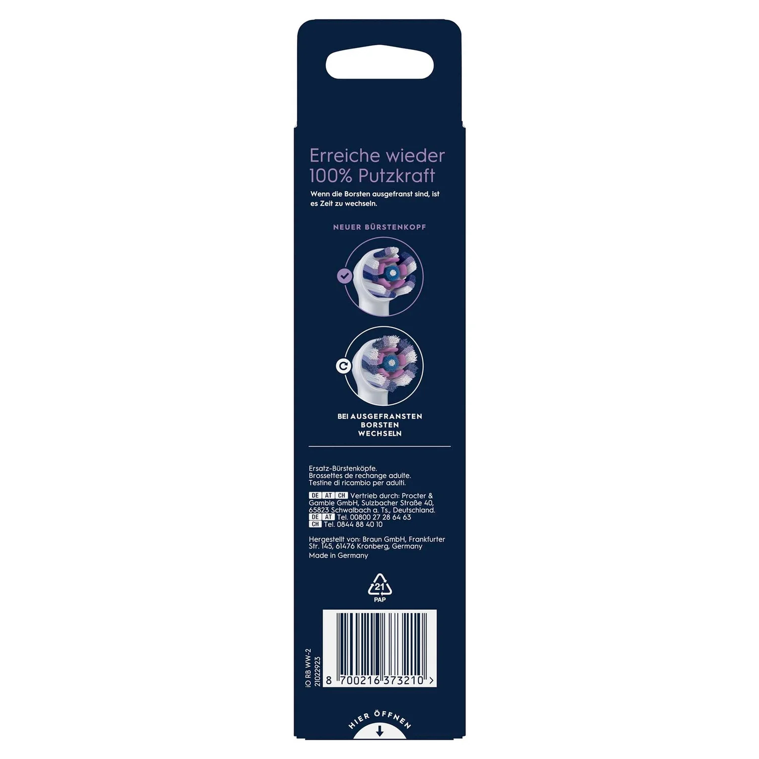 Dunkelblaue Zahnbürstenkopfbox. Enthält deutschen Text und Bilder von Zahnbürstenköpfen. Barcode und Öffnungsstelle.