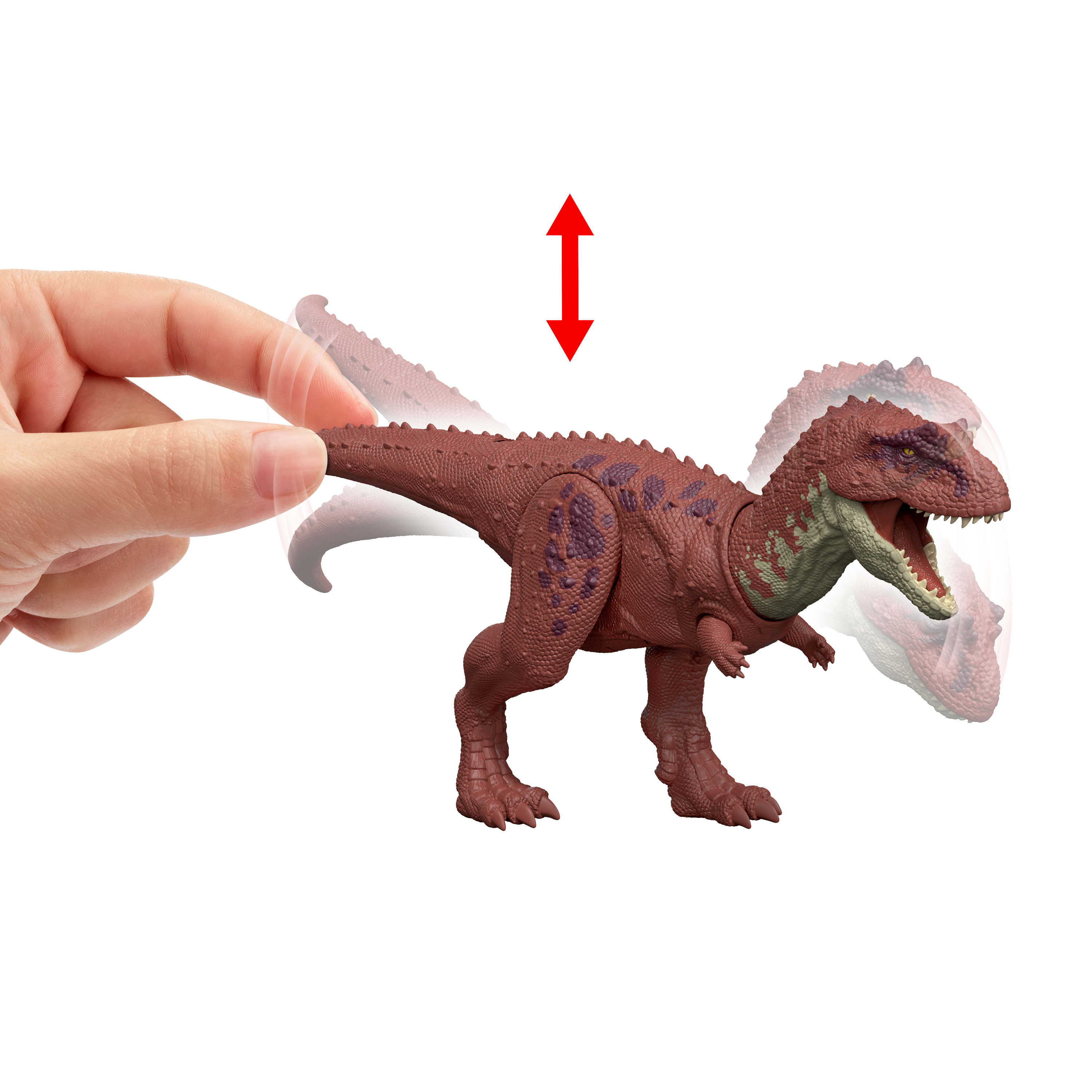 Se muestra un juguete de dinosaurio marrón, con una mano que sostiene su cola. Una flecha roja indica movimiento.