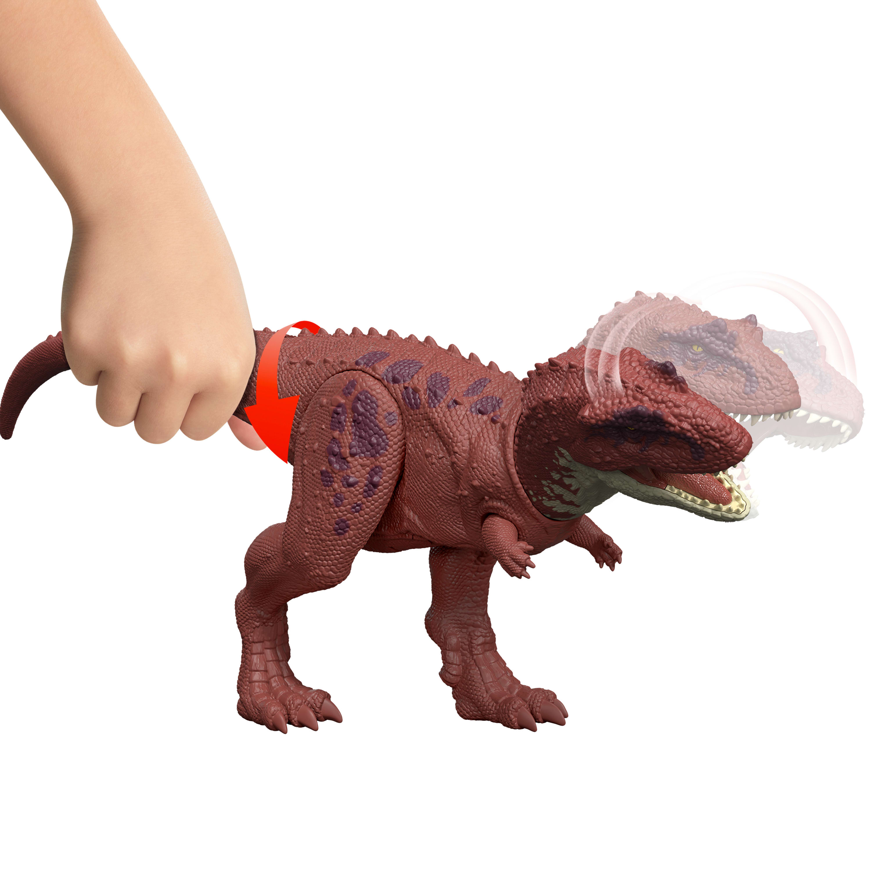 La mano de un niño tira de un juguete de dinosaurio rojo. El juguete es marrón con una cabeza que se mueve, sobre un fondo blanco.