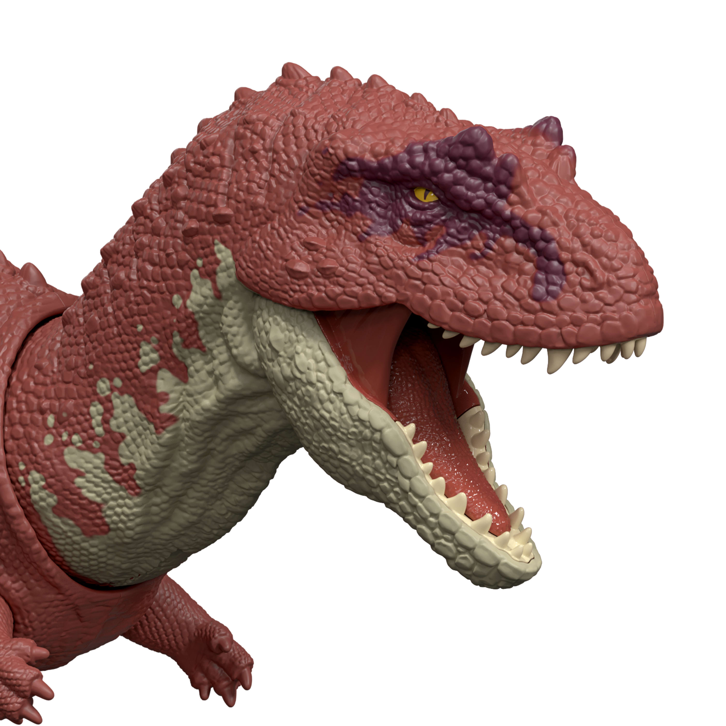 Un juguete de dinosaurio rojo con la boca abierta, mostrando dientes y lengua, sobre fondo blanco.