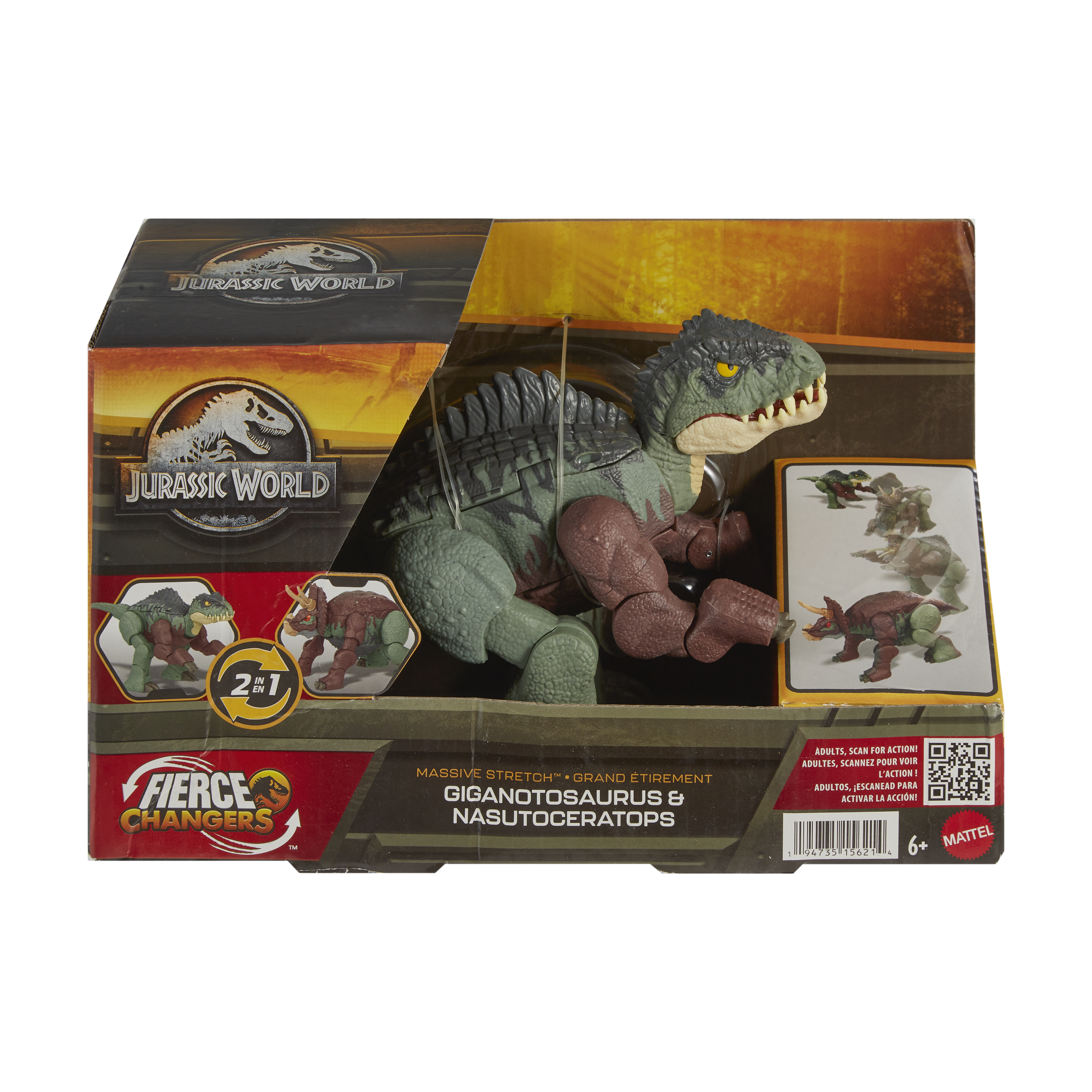Eine Jurassic World-Spielzeugkiste mit einem Dinosaurier-Spielzeug. Die Box hat Text und Bilder von Dinosauriern.
