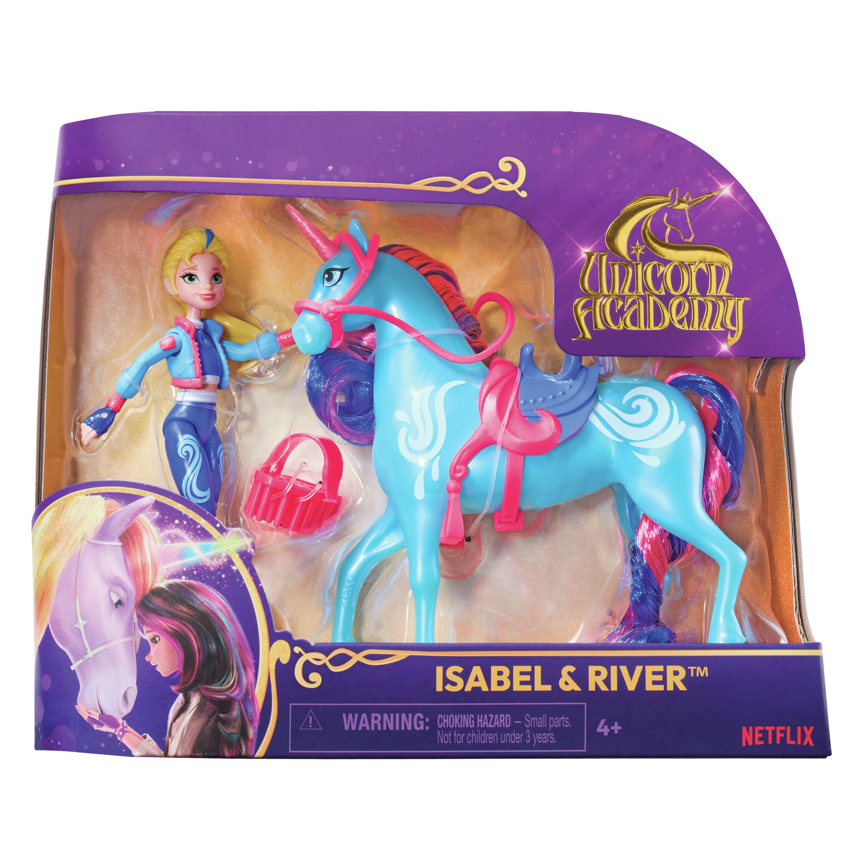 Een speelset van Isabel en River uit Unicorn Academy. Het bevat een pop, een blauwe eenhoorn en een rode mand, allemaal in een doos.