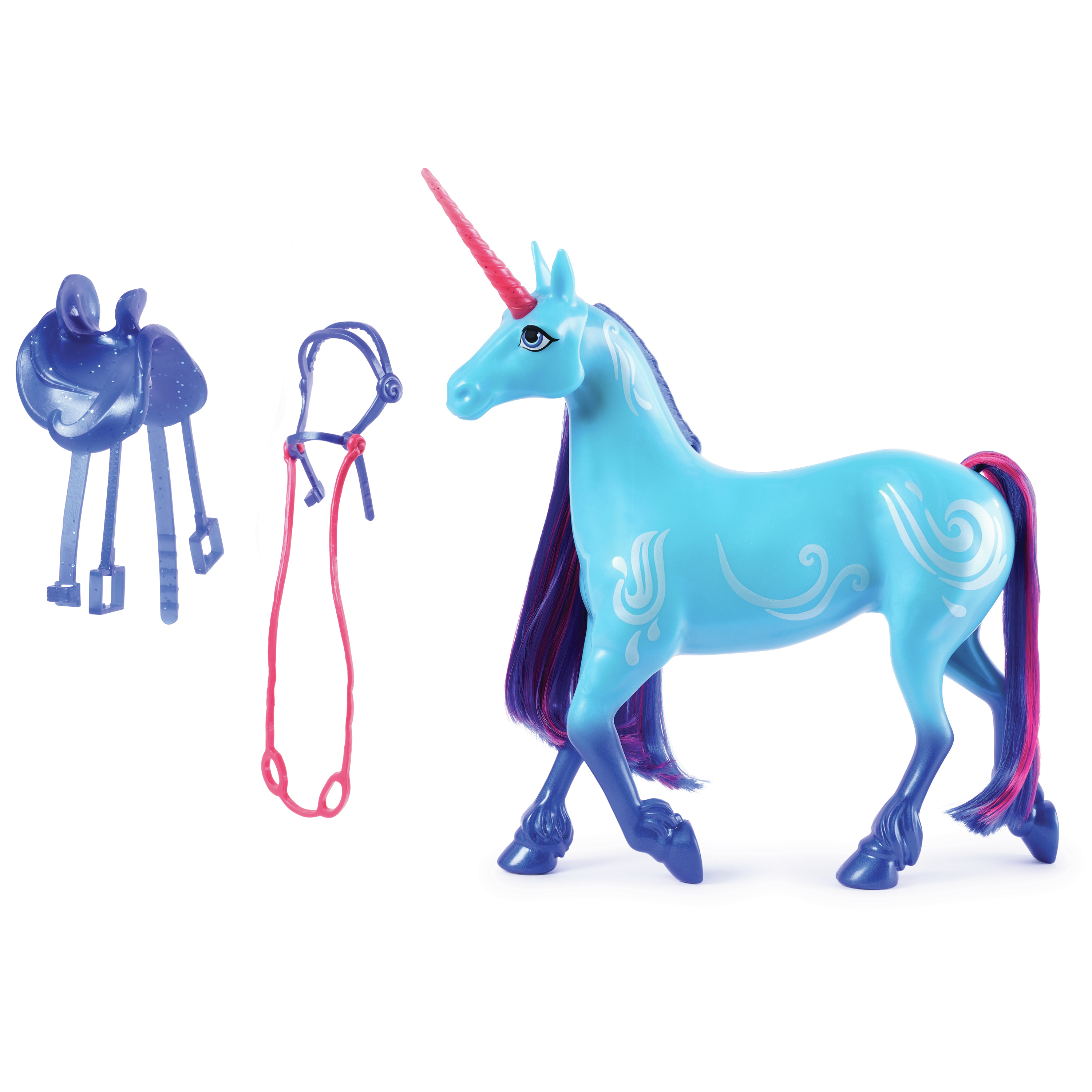 Een blauw eenhoornspeelgoed met een roze hoorn, manen en staart. Accessoires zijn een zadel en teugels.