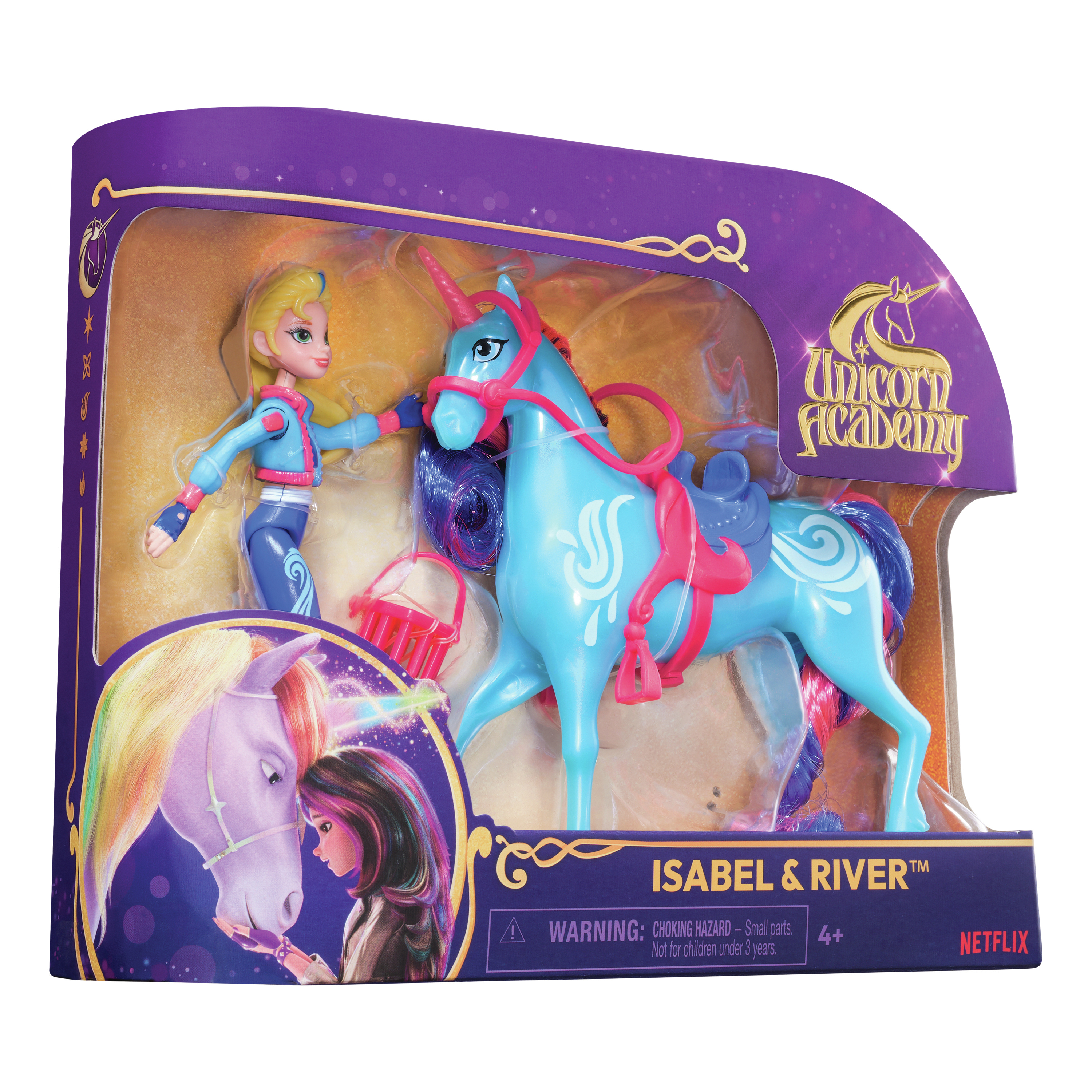 Speelgoedset: Isabel-pop en blauwe eenhoorn River. De verpakking is voorzien van het Unicorn Academy-logo en Netflix-branding.