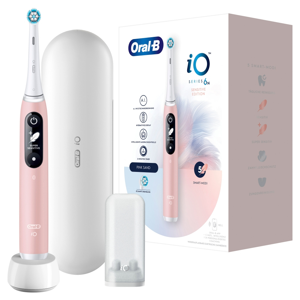 Rosa elektrische Zahnbürste Oral-B iO Series 6N mit Ladestation, Reiseetui und Karton.
