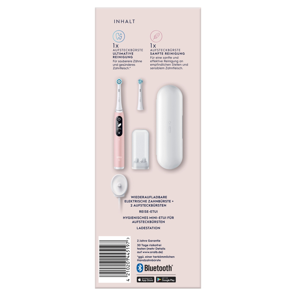 Rosa elektrische Zahnbürste mit Bürstenköpfen, Reiseetui und Ladegerät auf hellem Hintergrund. Text enthält Produktdetails.