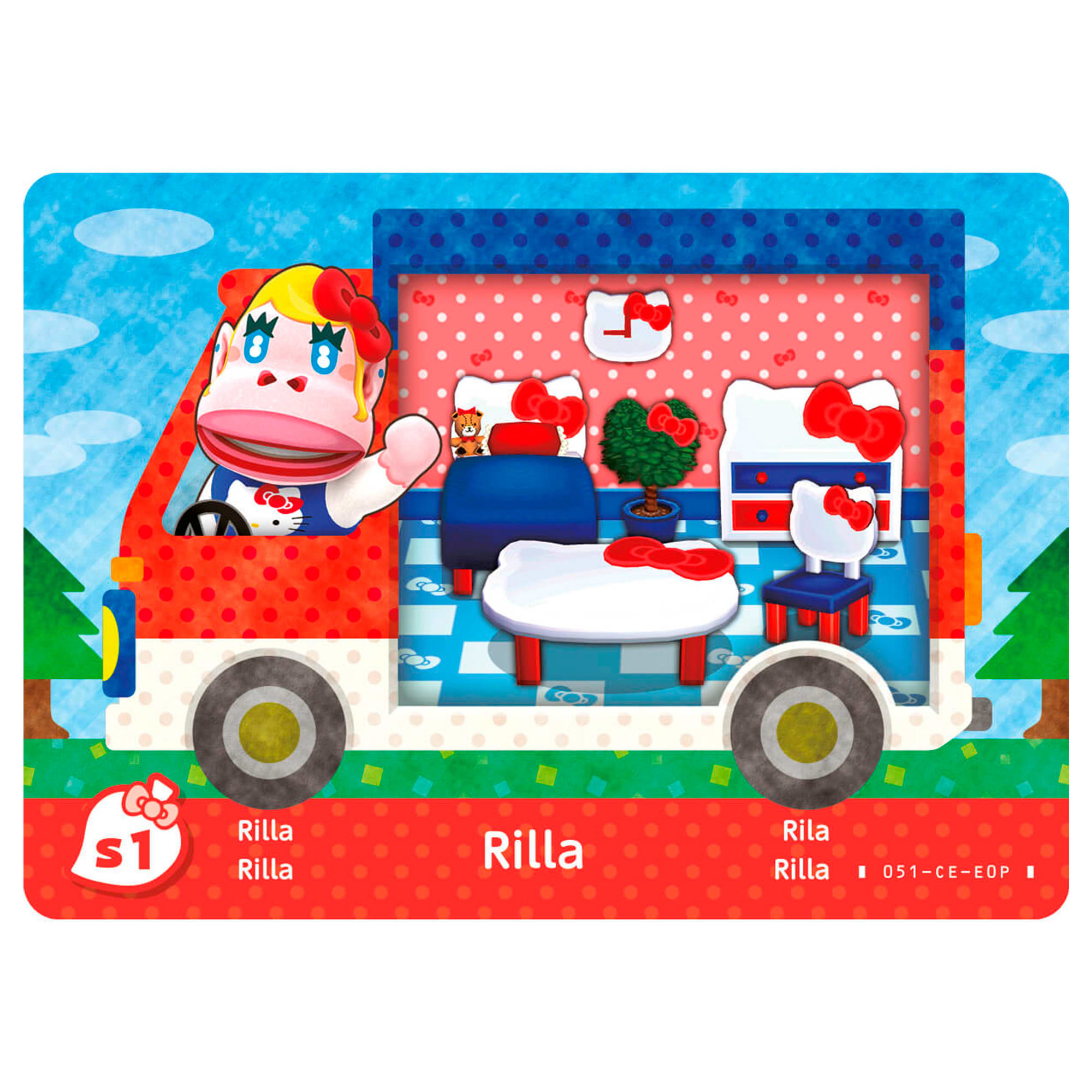Una imagen de dibujos animados de Rilla conduciendo una furgoneta camper roja y blanca con temática de Hello Kitty y fondo azul.