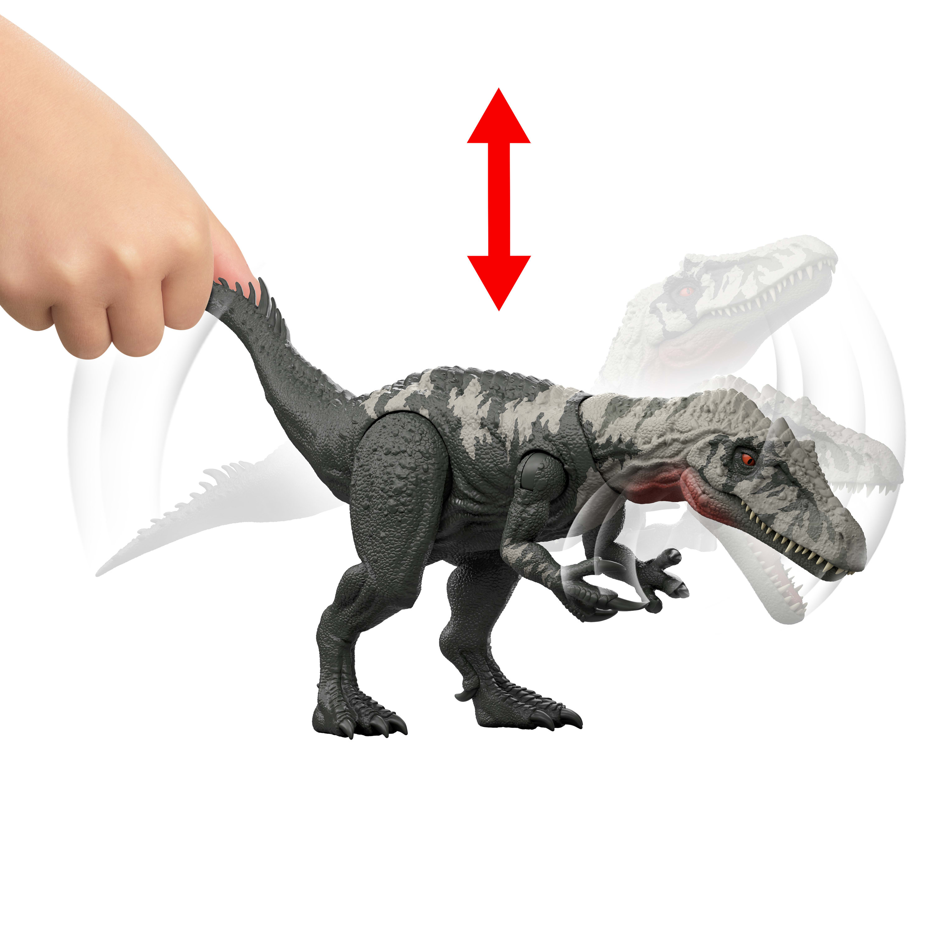 Una mano sostiene un dinosaurio de juguete. Una flecha roja apunta hacia abajo. Líneas de movimiento indican movimiento.
