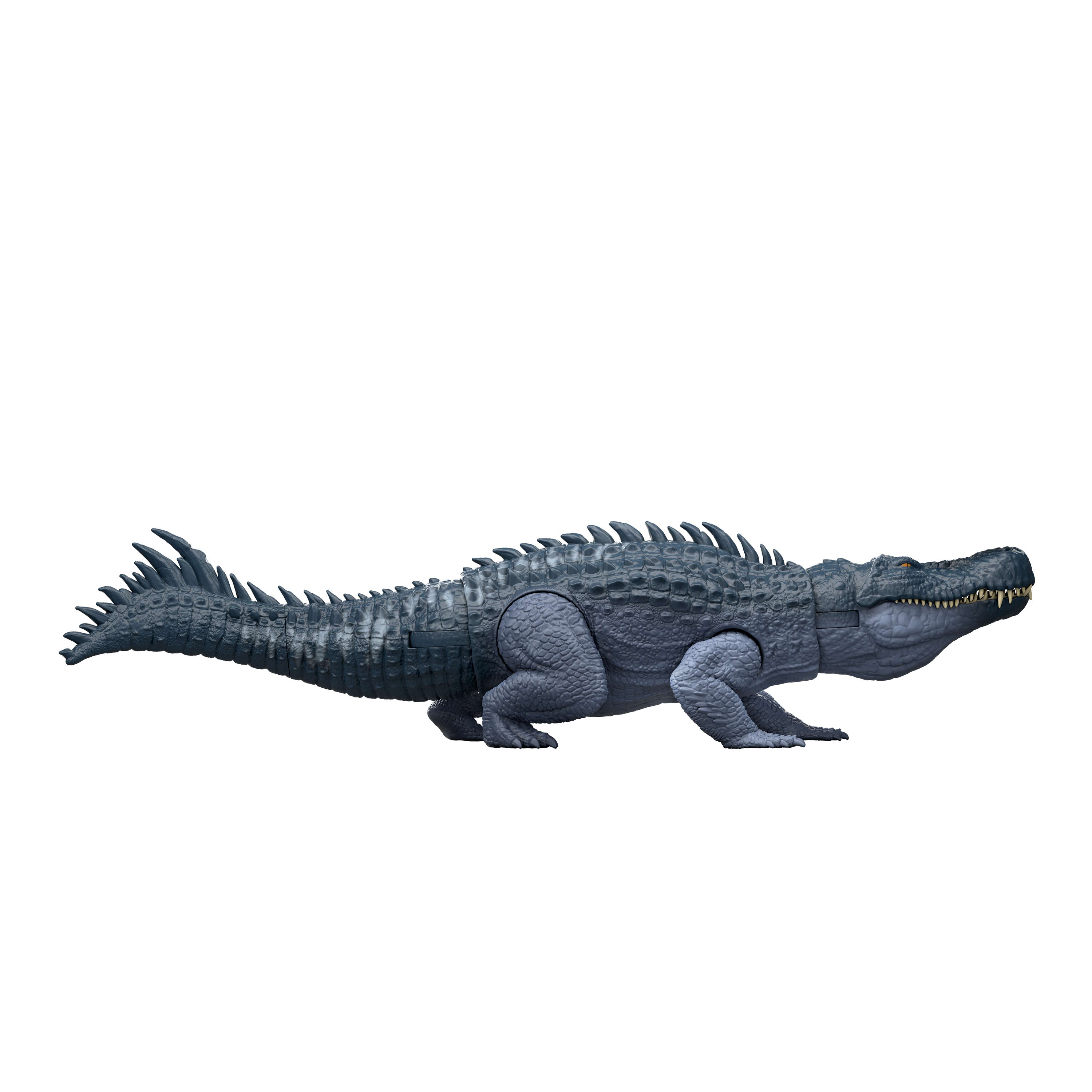 Un juguete de cocodrilo gris se muestra de perfil sobre un fondo blanco. Tiene un cuerpo largo y dientes afilados.