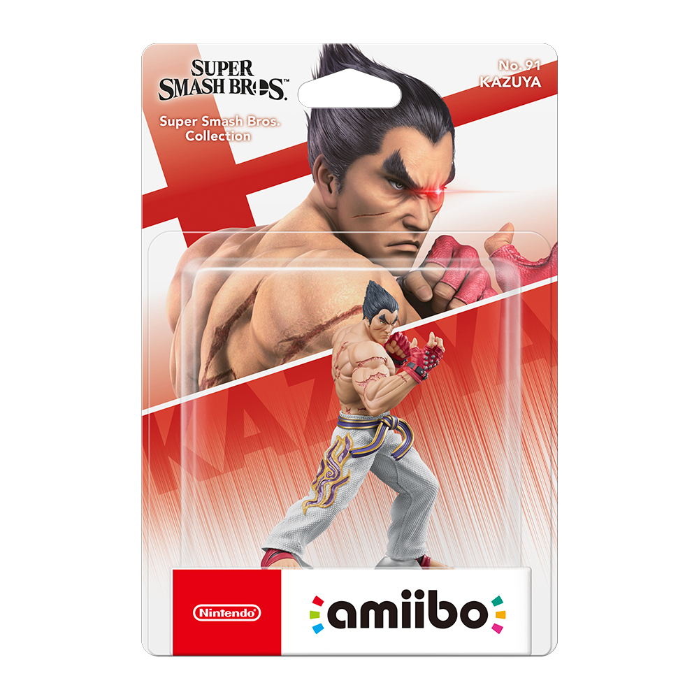 Figurka amiibo Kazuya w opakowaniu. Figurka to mężczyzna w pozycji bojowej. Opakowanie ma logo Super Smash Bros i logo Nintendo.