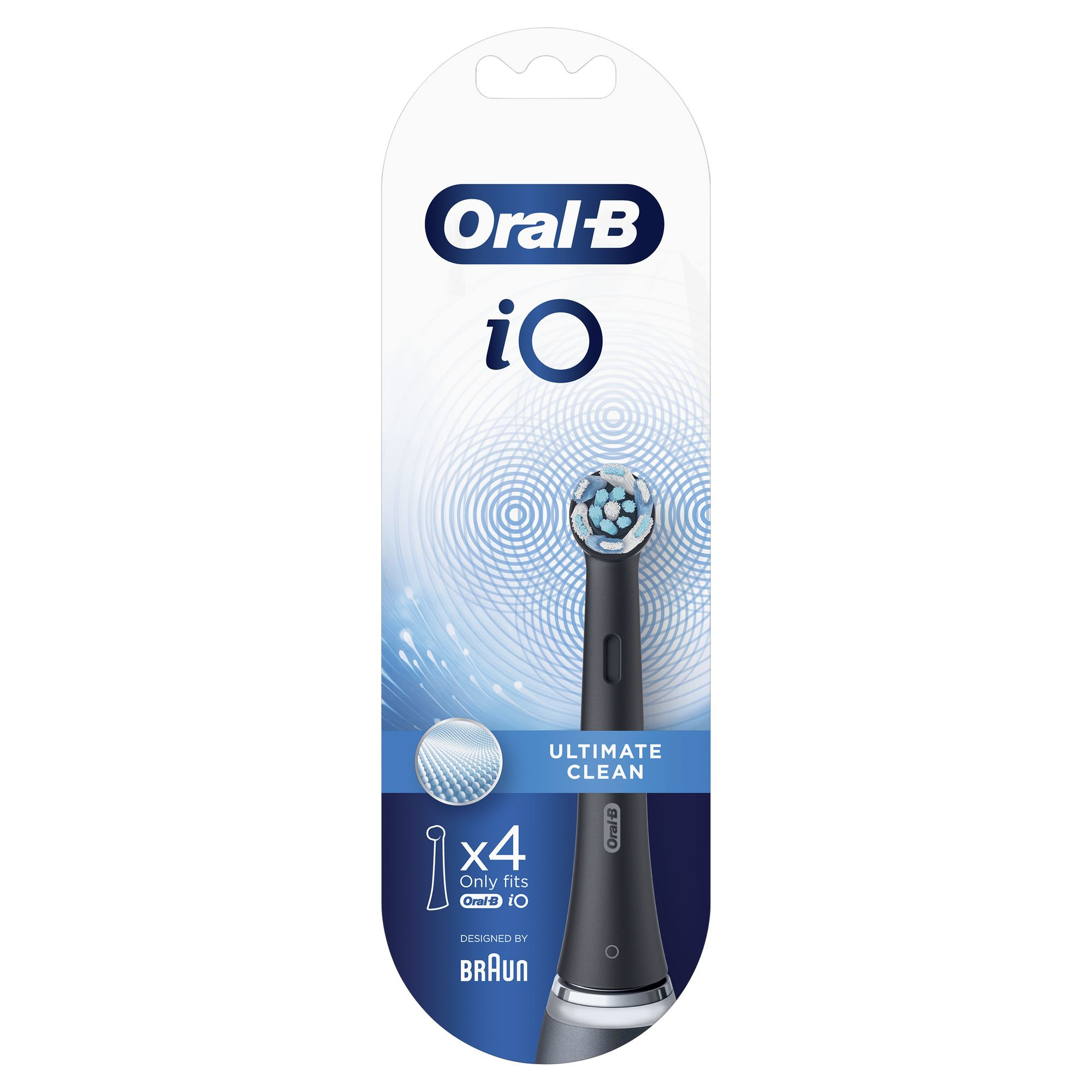 Oral-B iO Zahnbürstenköpfe in einer Verpackung. Die Verpackung ist weiß mit blauen Akzenten. Die Köpfe sind schwarz und blau.
