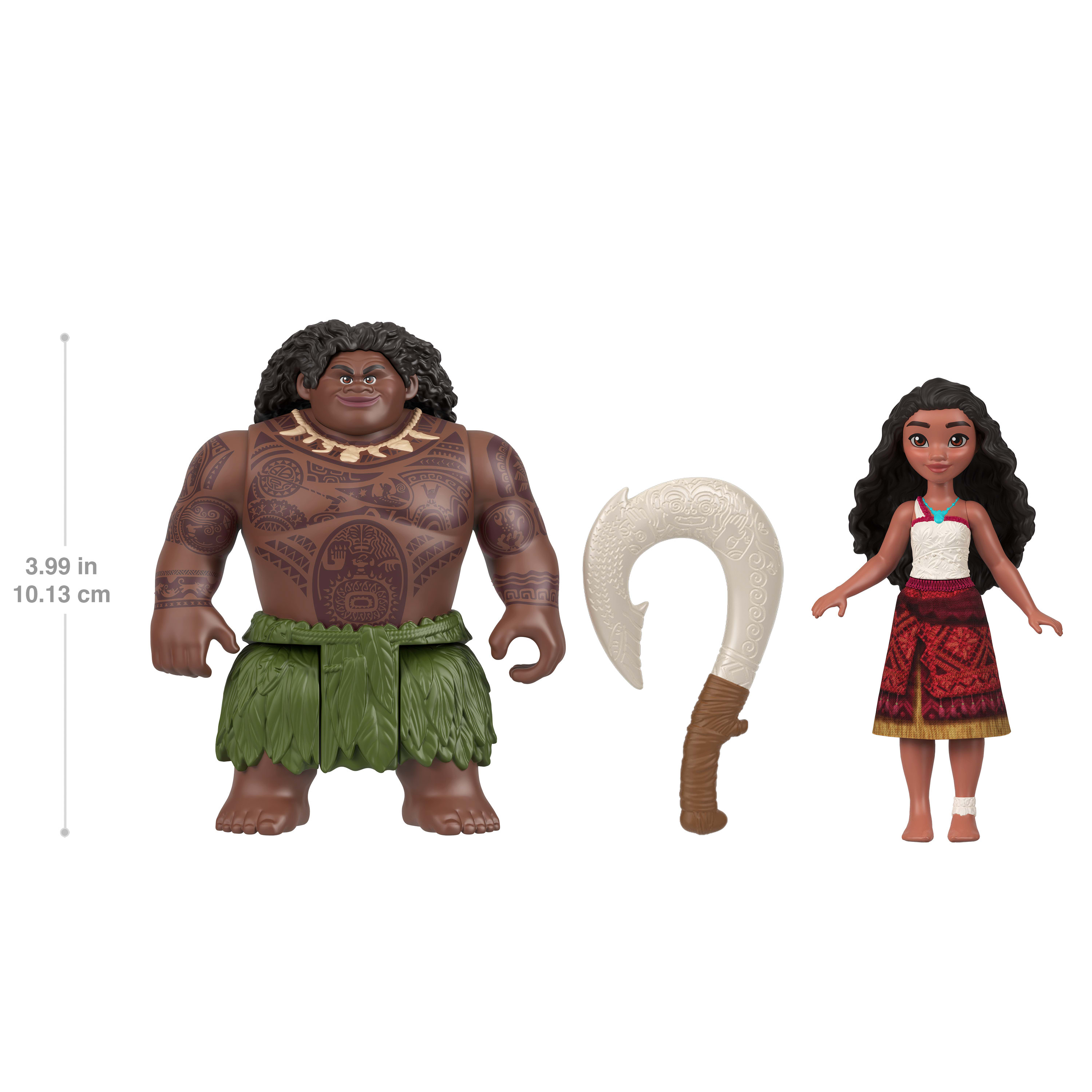 Trzy figurki Disneya: Maui, hak i Moana. Maui jest brązowy z tatuażami. Moana nosi czerwoną spódnicę. Hak jest biały i brązowy.