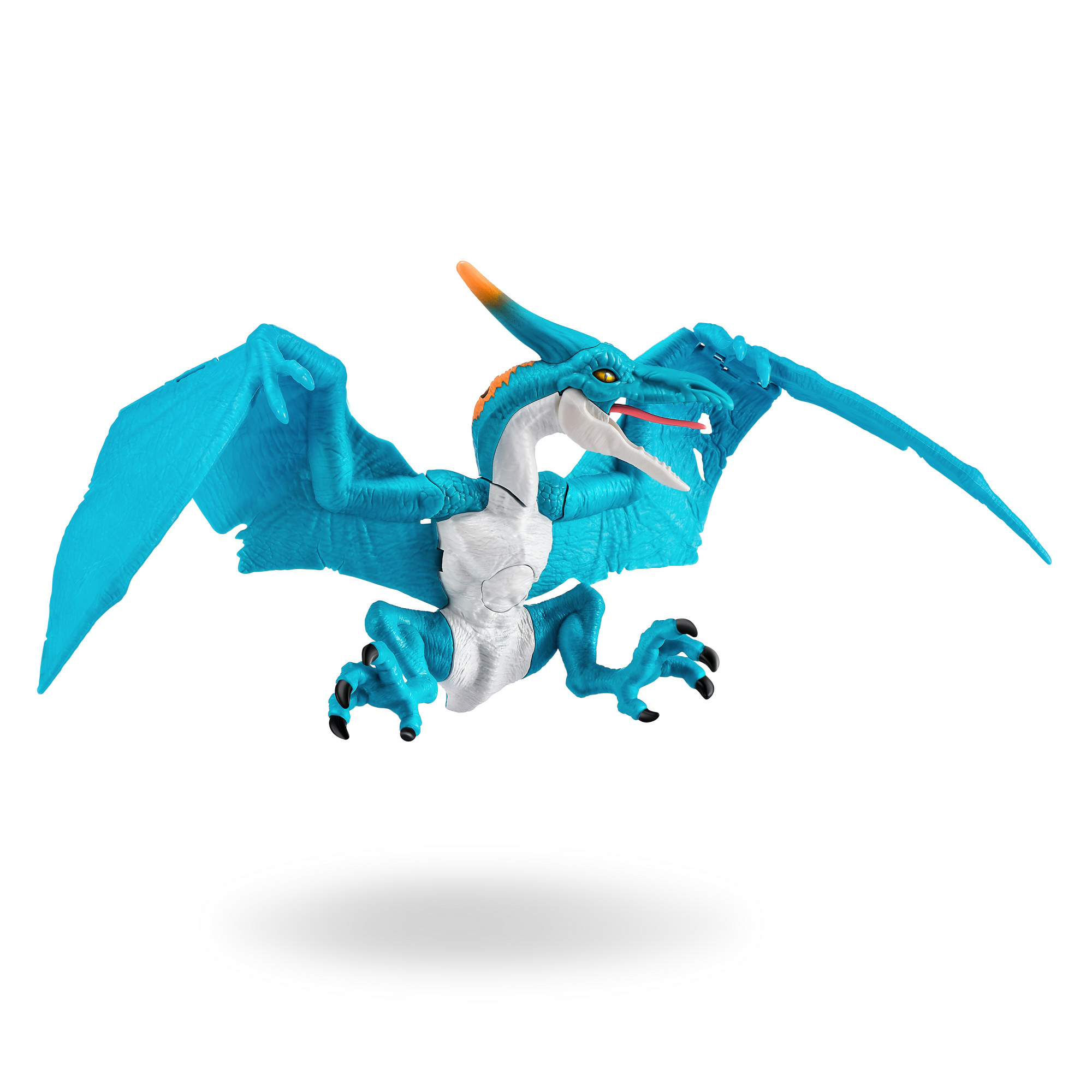 Ein blaues Pterodaktylus-Spielzeug mit orangefarbenen Akzenten und weißer Brust, Flügel ausgebreitet, auf weißem Hintergrund.