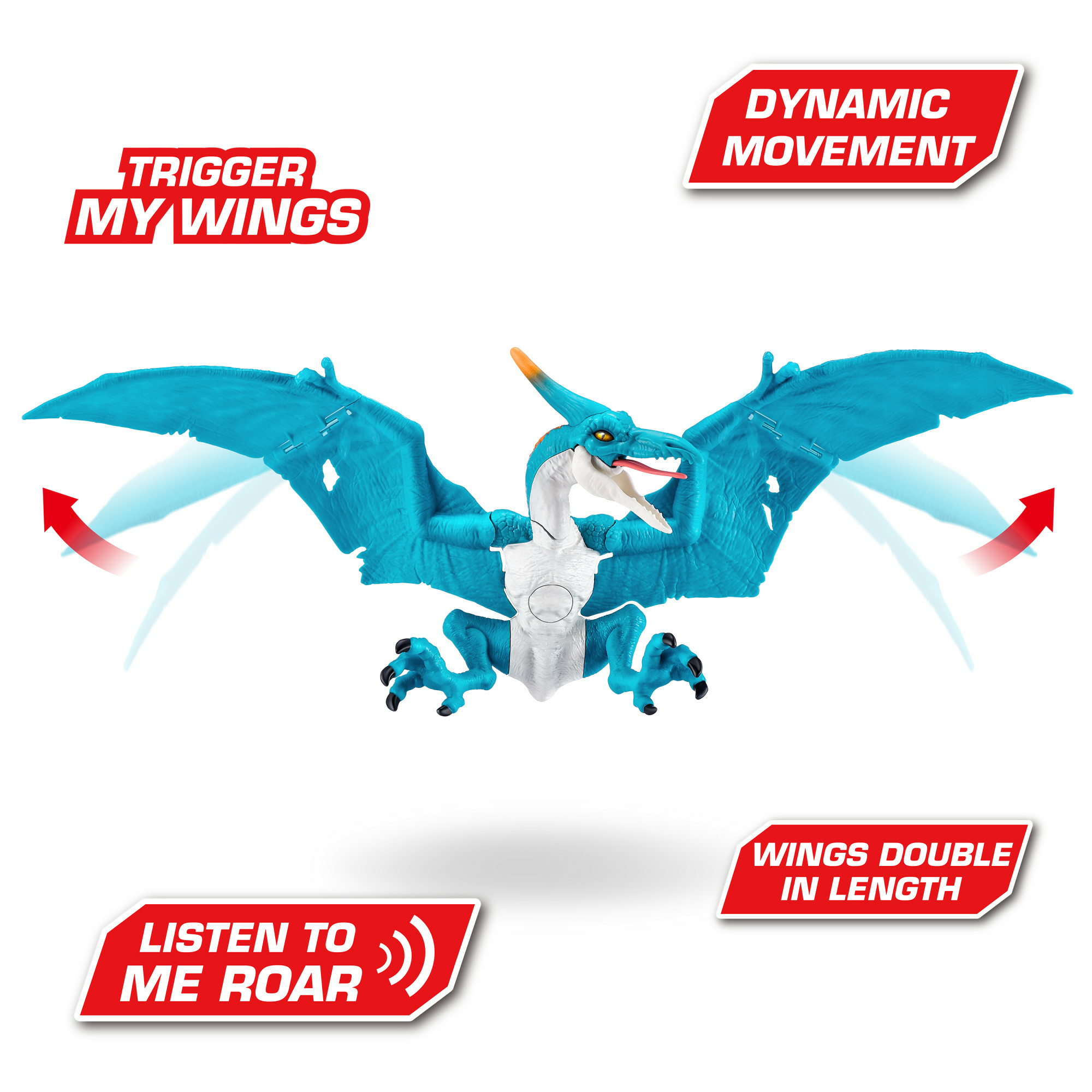 Ein blaues Spielzeug-Pterodaktylus mit geöffneten Flügeln. Rote Pfeile zeigen die Flügelbewegung. Text: Trigger My Wings, Dynamic Movement.
