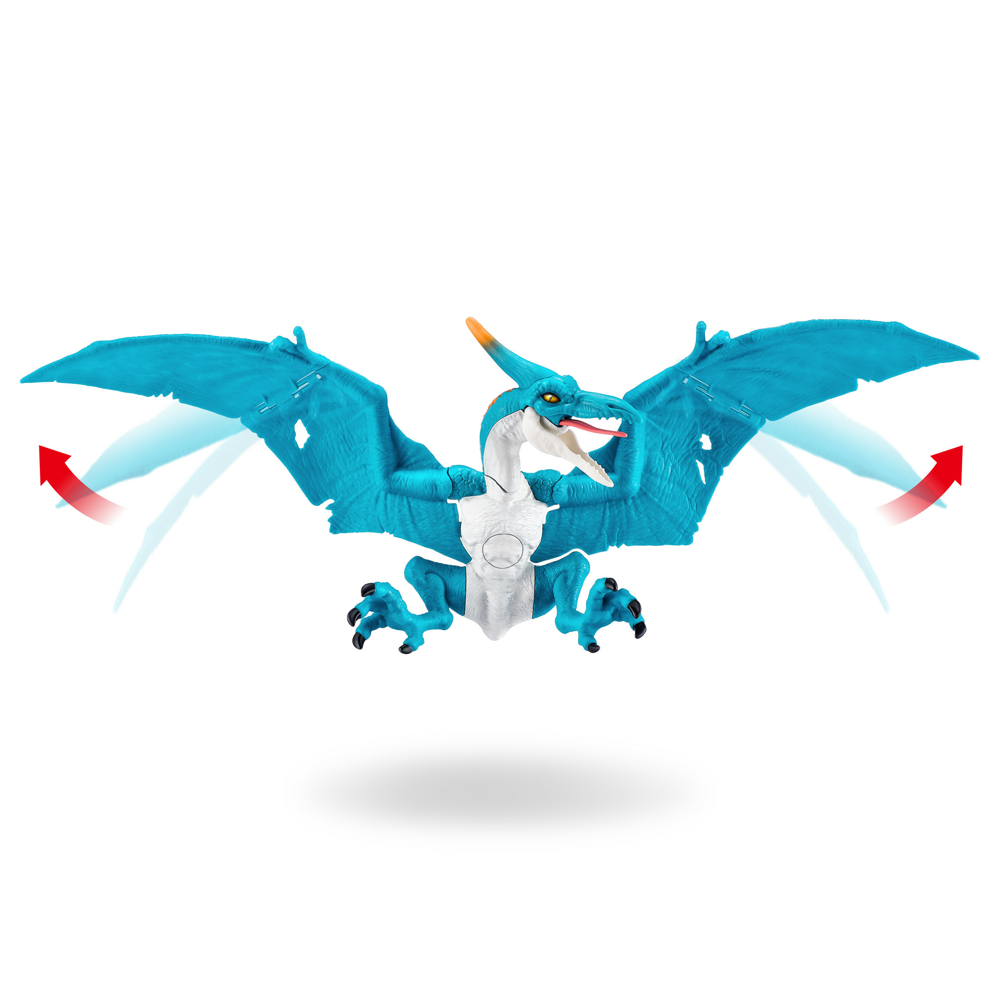 Ein blaues Spielzeug-Pterodaktylus mit ausgebreiteten Flügeln. Es hat einen orangen Kamm und eine weiße Brust vor weißem Hintergrund.