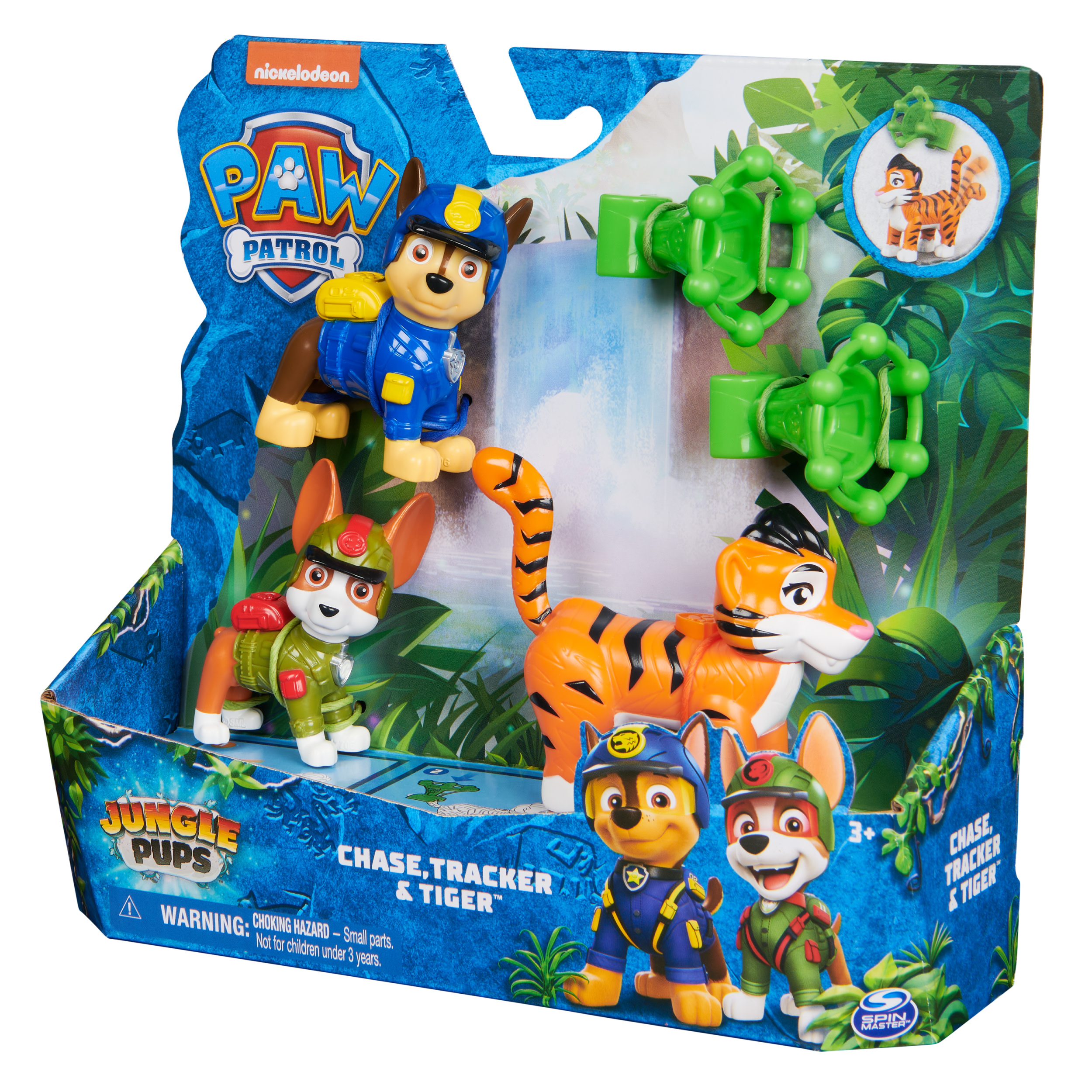 Ein Paw Patrol Spielzeugset. Es enthält Chase, Tracker und einen Tiger. Die Verpackung ist blau mit Dschungelmotiv.