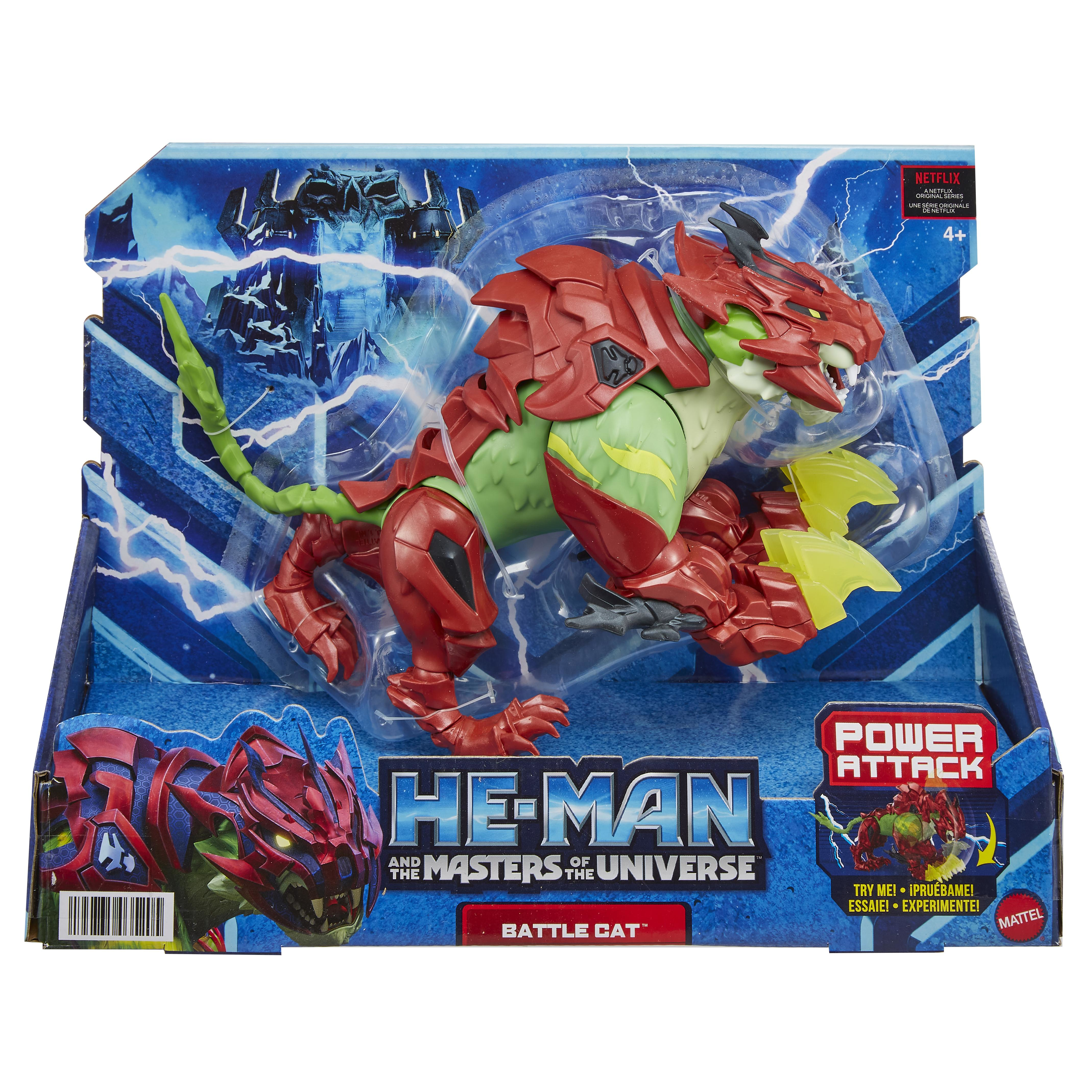 Zabawka He-Man Battle Cat w opakowaniu. Zabawka jest czerwona i zielona, pudełko ma niebieskie tło i tekst.