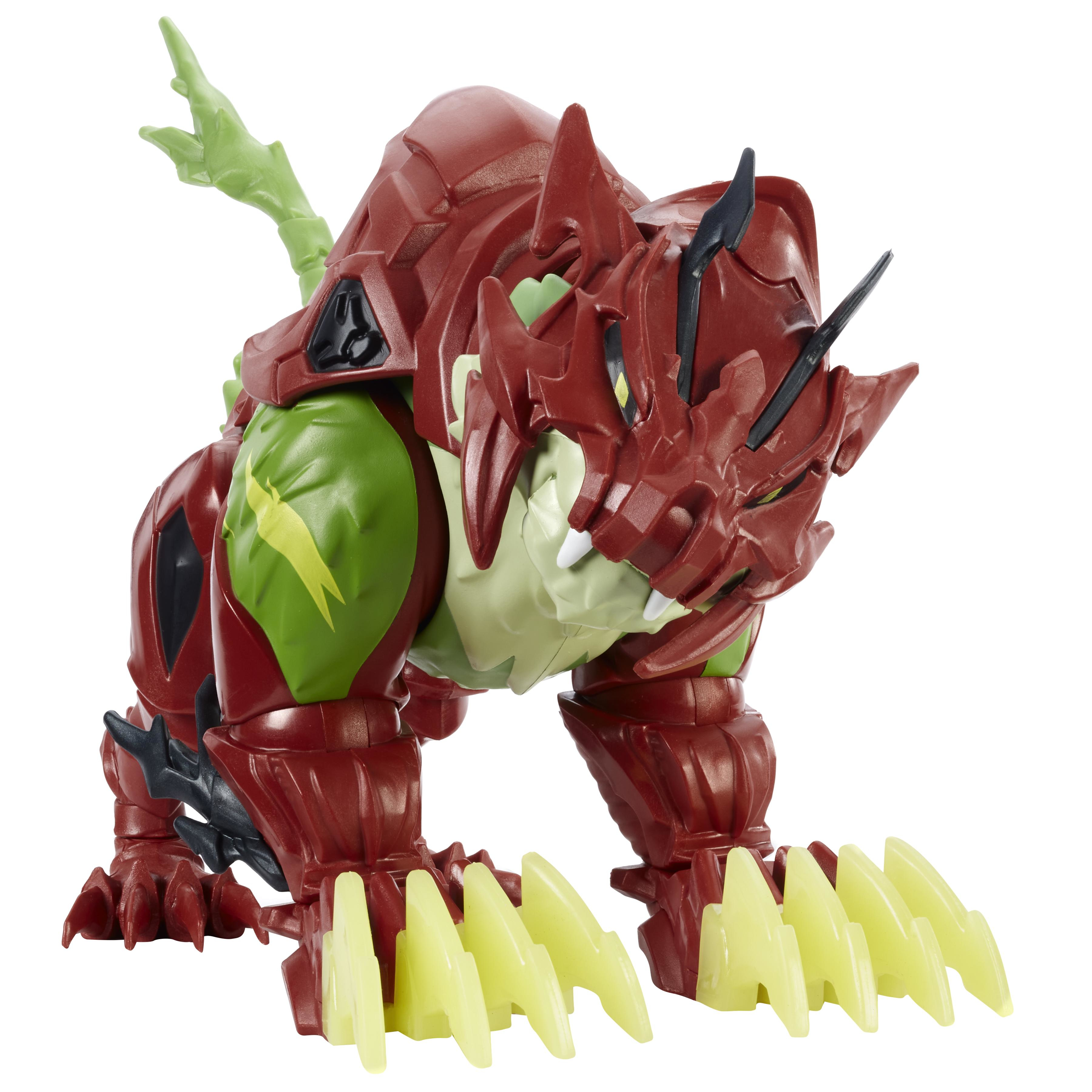 Czerwony i zielony potwór-zabawka z żółtymi pazurami, czarnymi kolcami i zielonymi akcentami, na białym tle.