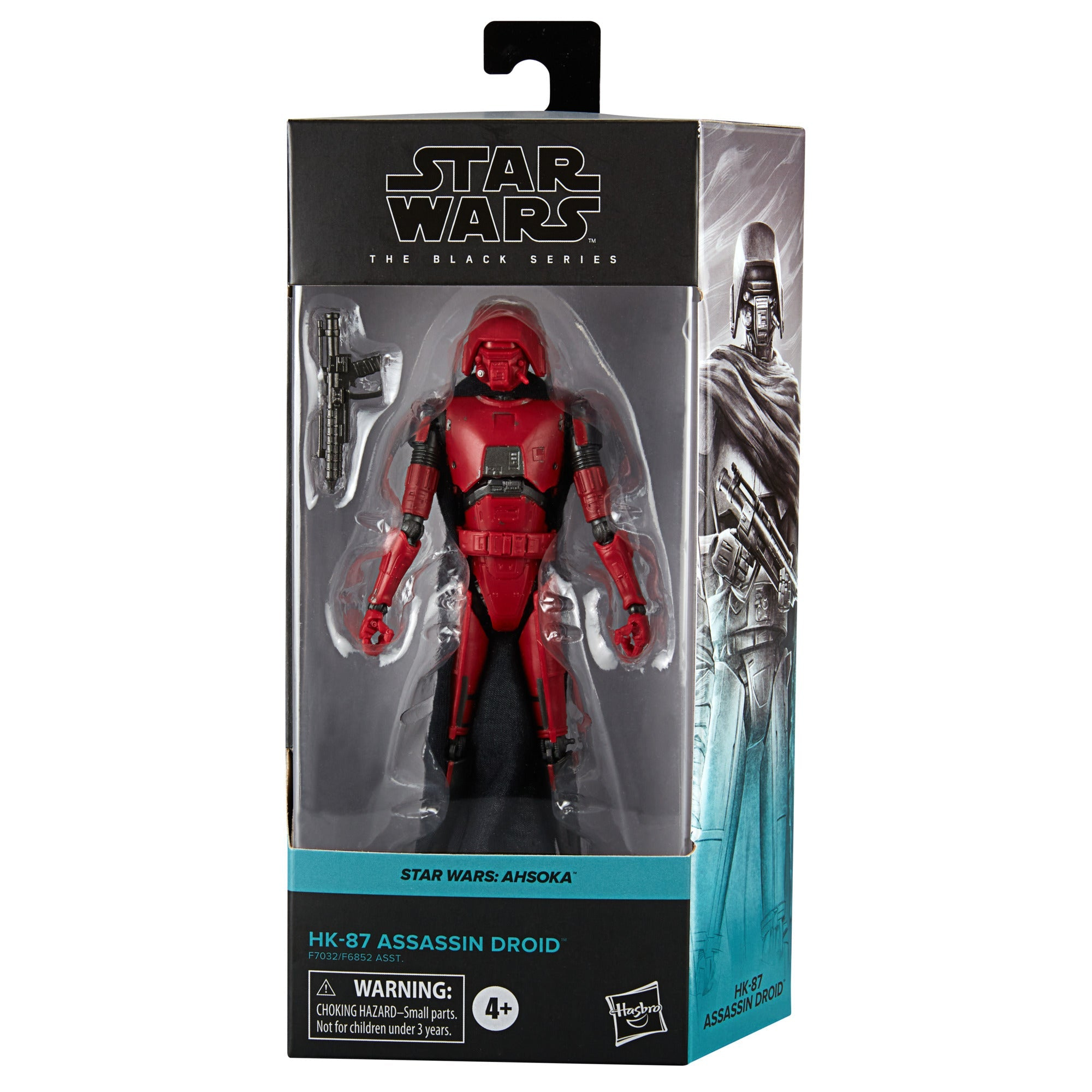 Eine Star Wars Black Series Figur des HK-87 Assassin Droid in seiner Verpackung. Die Figur ist rot und schwarz.